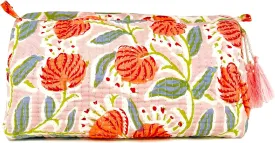 Block Print Designer Toiletry Bag & Makeup Case - Boho Floral Quilted Pouch for Cosmetics, Skincare - Waterproof Lined Organizer for Diaper Bag, Purse, Travel, Gift, Pencils (Pink Multi Floral)
