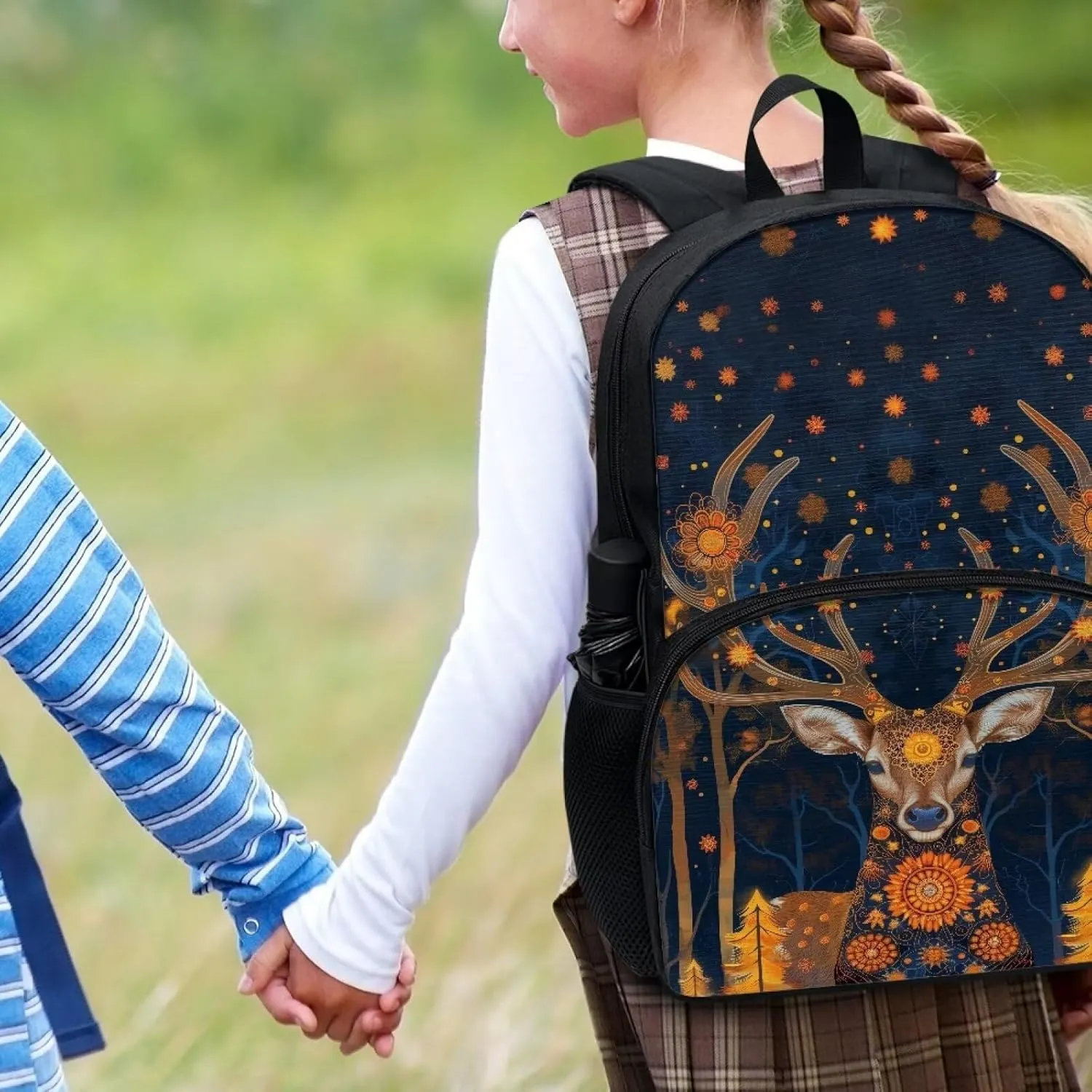 Boho Deer Print Backpack for Kids Portable Students Schoolbags Bookbags Large Capacity Laptop Daypack with Side Pockets