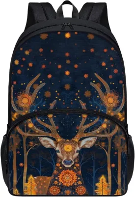 Boho Deer Print Backpack for Kids Portable Students Schoolbags Bookbags Large Capacity Laptop Daypack with Side Pockets