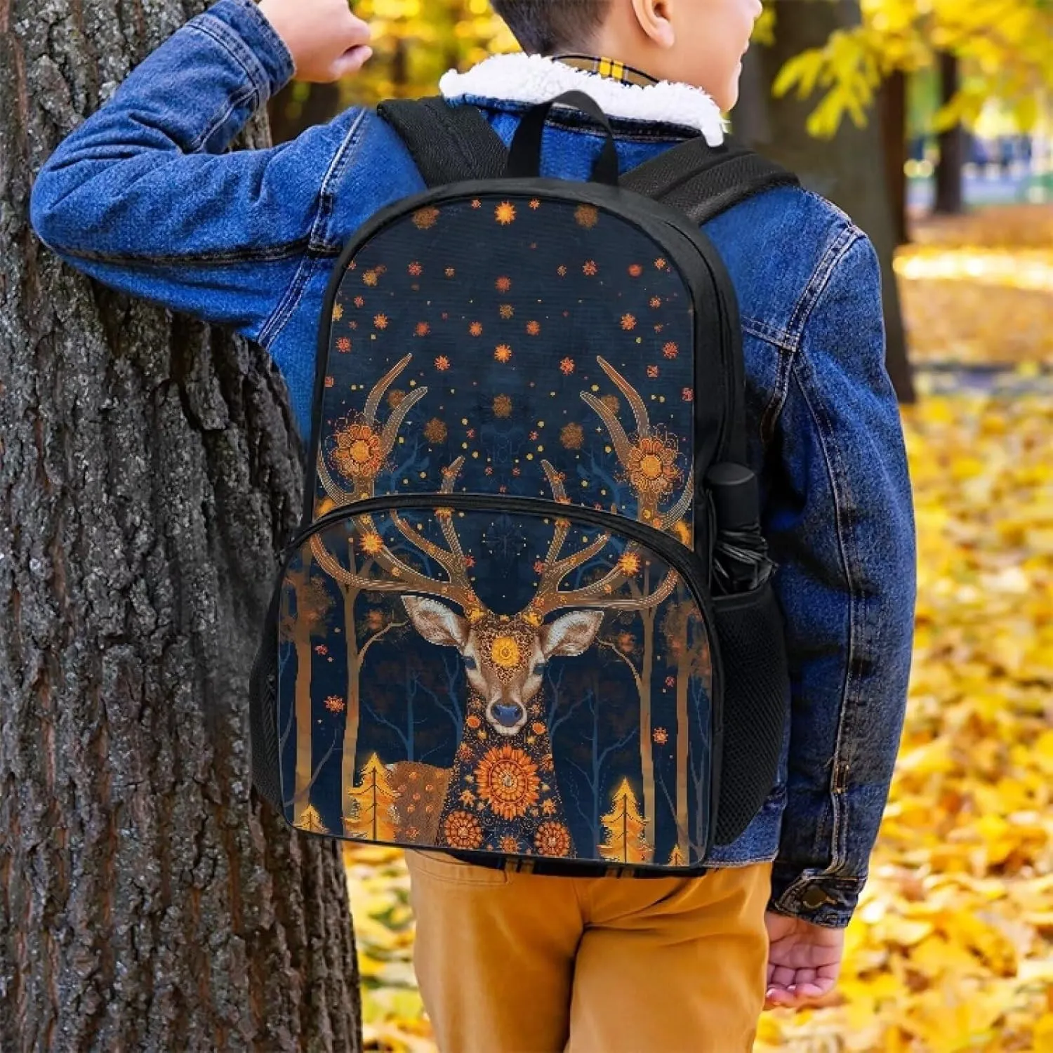 Boho Deer Print Backpack for Kids Portable Students Schoolbags Bookbags Large Capacity Laptop Daypack with Side Pockets