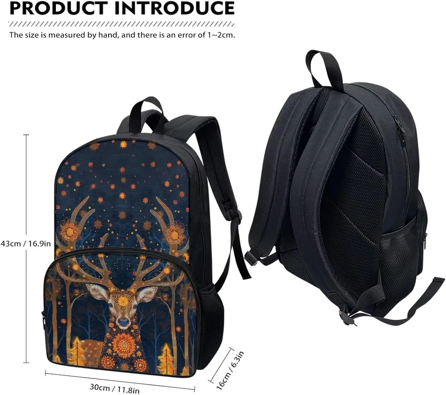 Boho Deer Print Backpack for Kids Portable Students Schoolbags Bookbags Large Capacity Laptop Daypack with Side Pockets