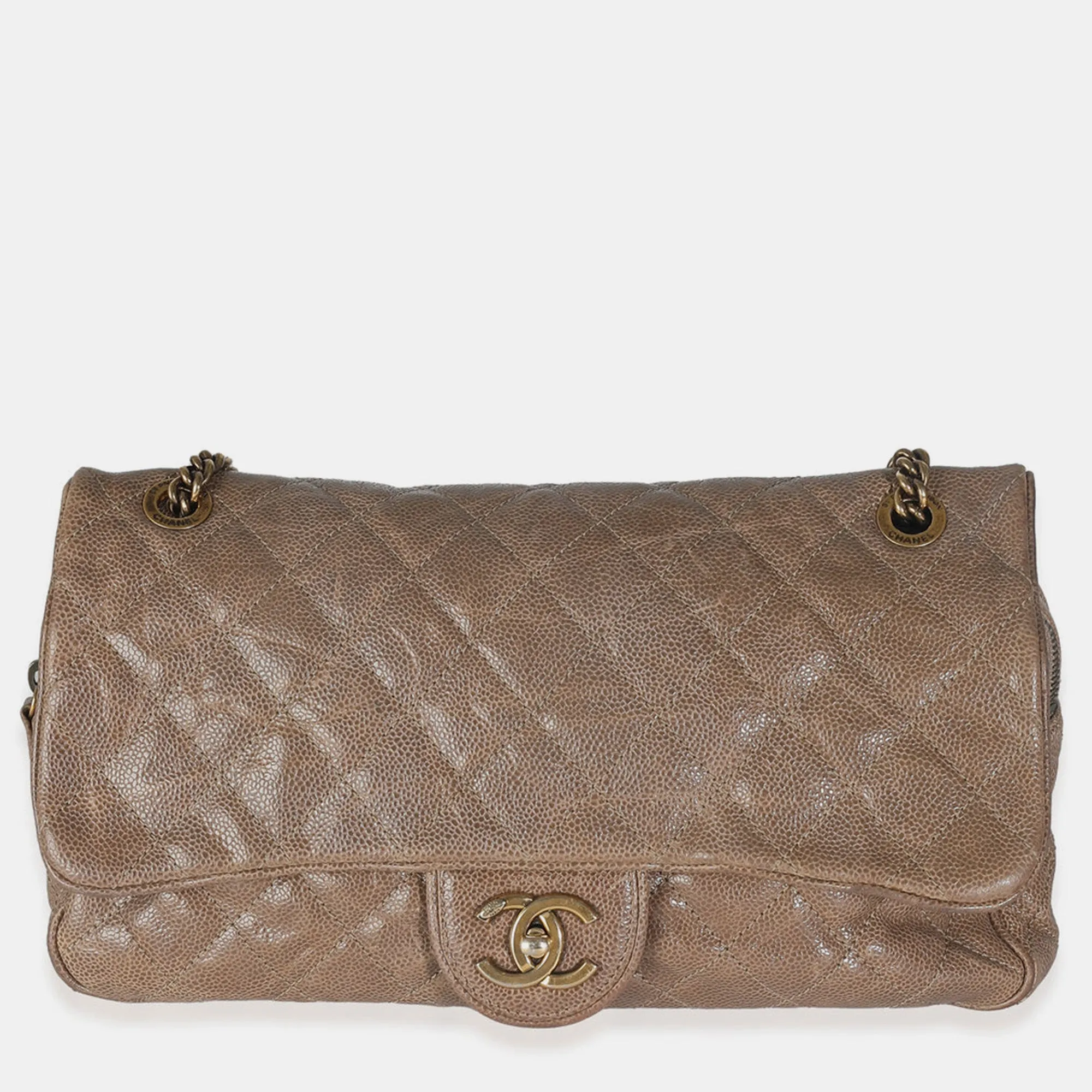 Brown Quilted Glazed Caviar Large Shiva Flap Bag