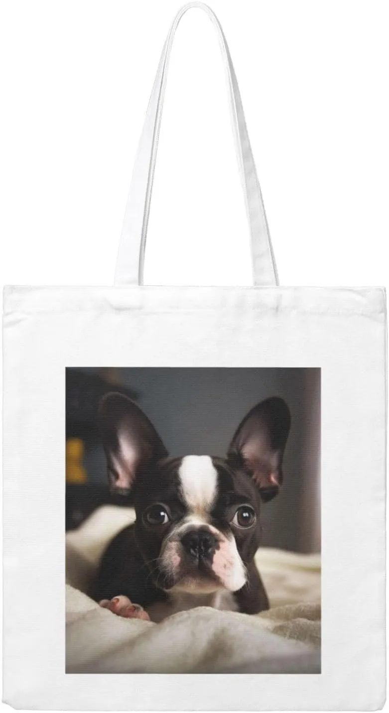 Canvas Aesthetic Tote Bag for Women Handbag Cute Boston Terrier Reusable Grocery Bags with Handles