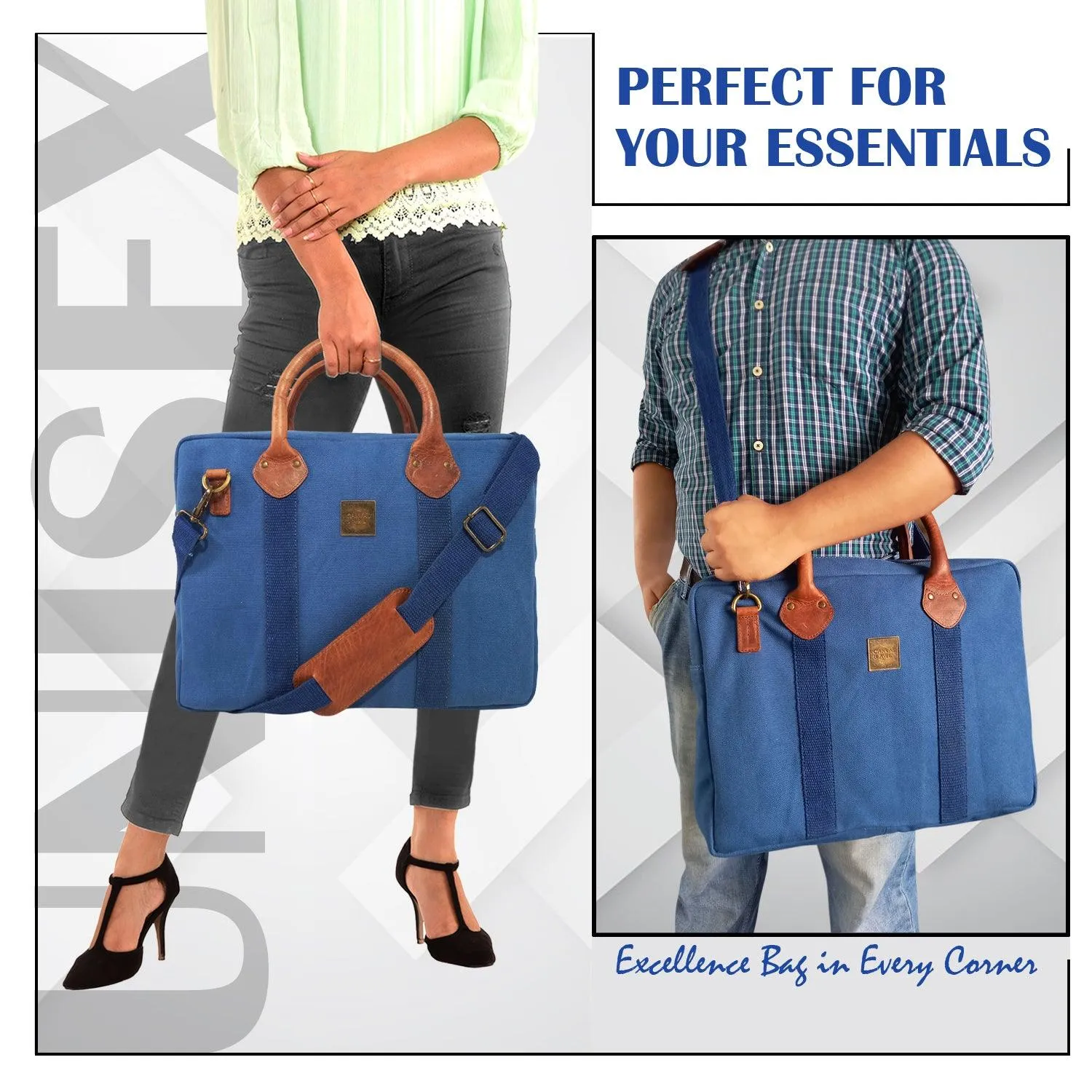 CANVAS & AWL Canvas and Genuine Leather Trim Unisex Laptop Messenger Bag, Travel Crossbody Bag (Blue)