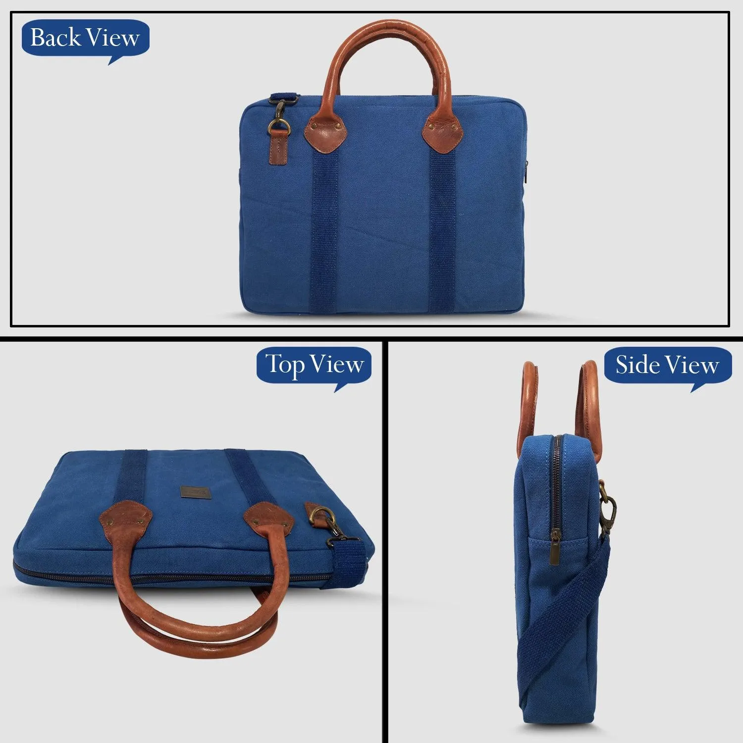 CANVAS & AWL Canvas and Genuine Leather Trim Unisex Laptop Messenger Bag, Travel Crossbody Bag (Blue)