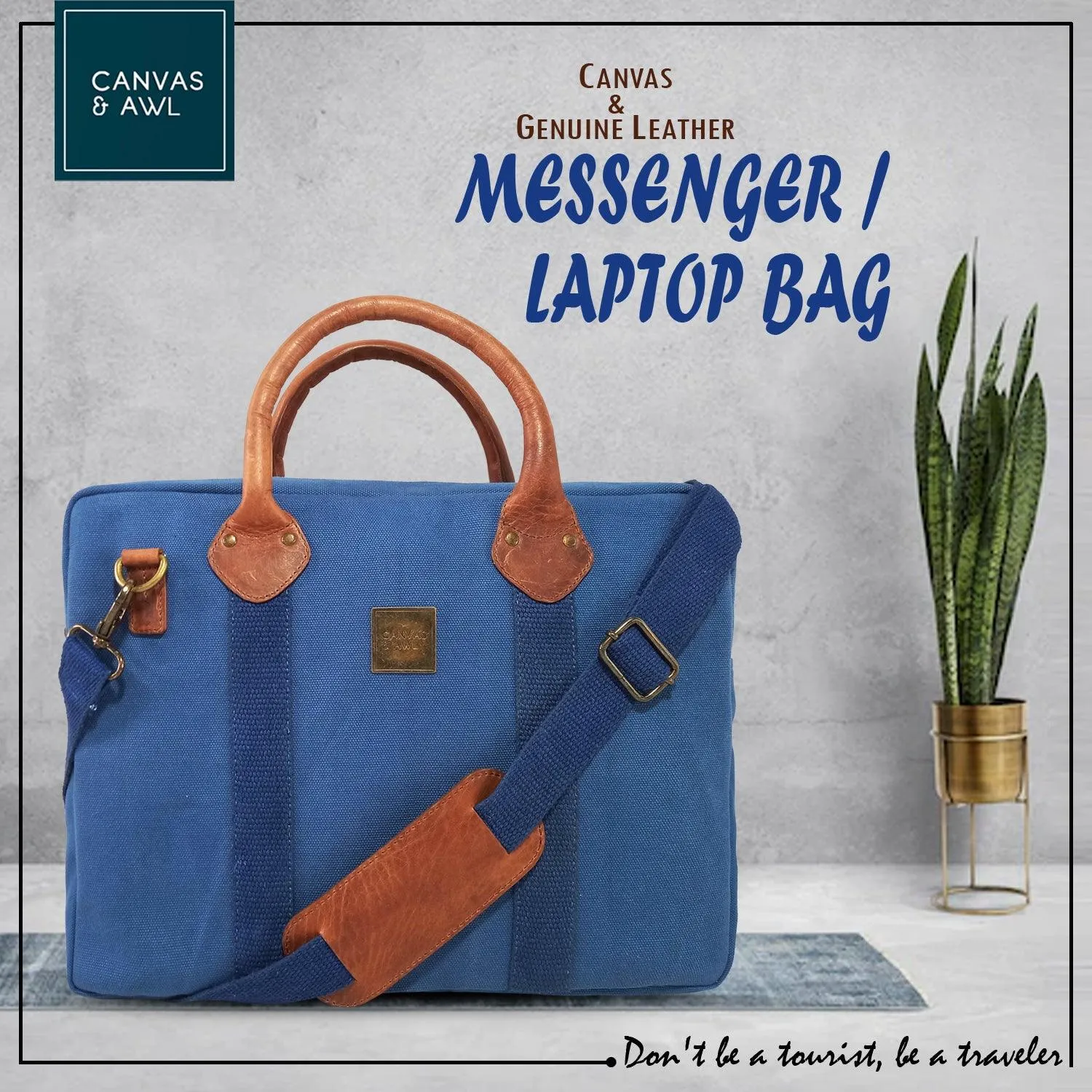 CANVAS & AWL Canvas and Genuine Leather Trim Unisex Laptop Messenger Bag, Travel Crossbody Bag (Blue)