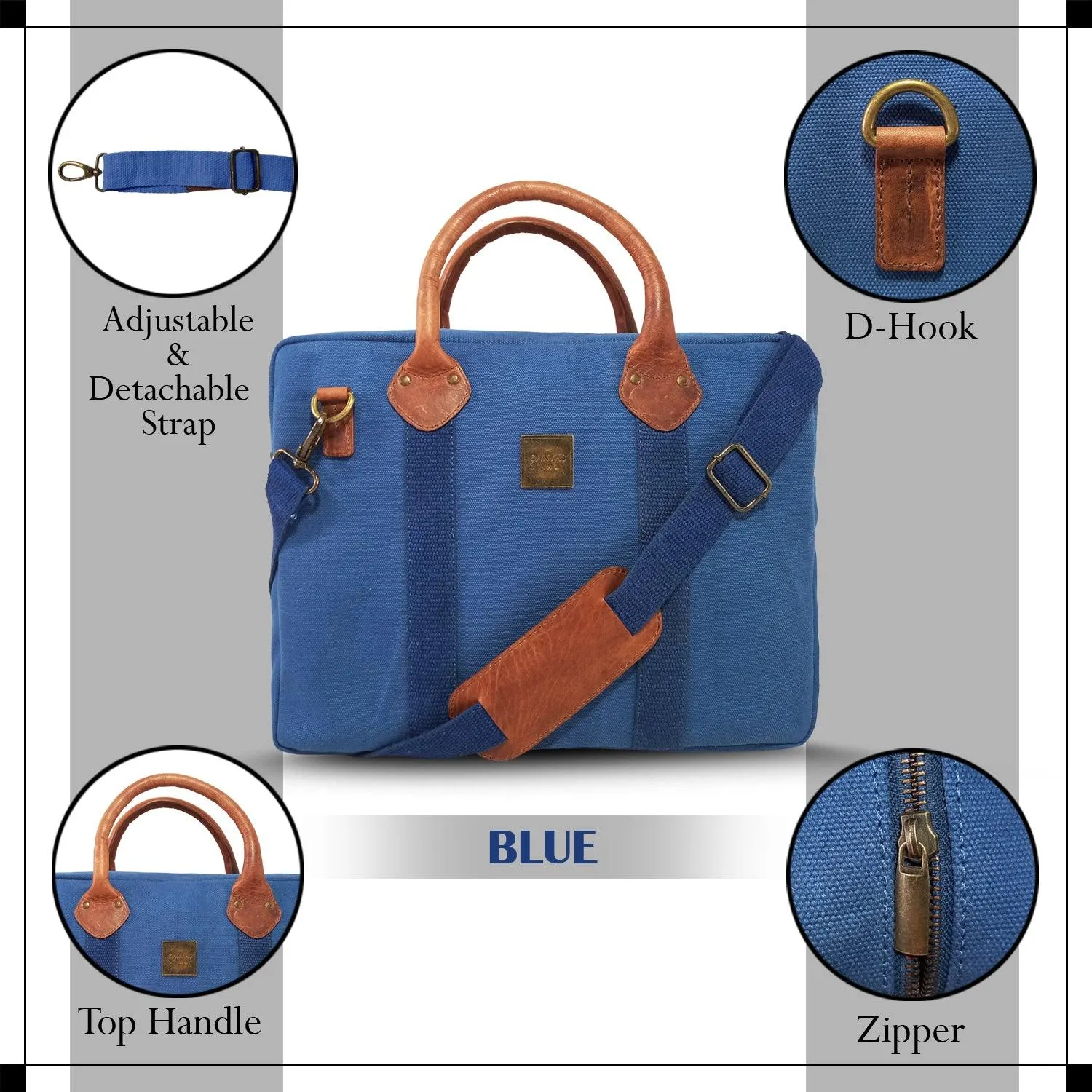 CANVAS & AWL Canvas and Genuine Leather Trim Unisex Laptop Messenger Bag, Travel Crossbody Bag (Blue)
