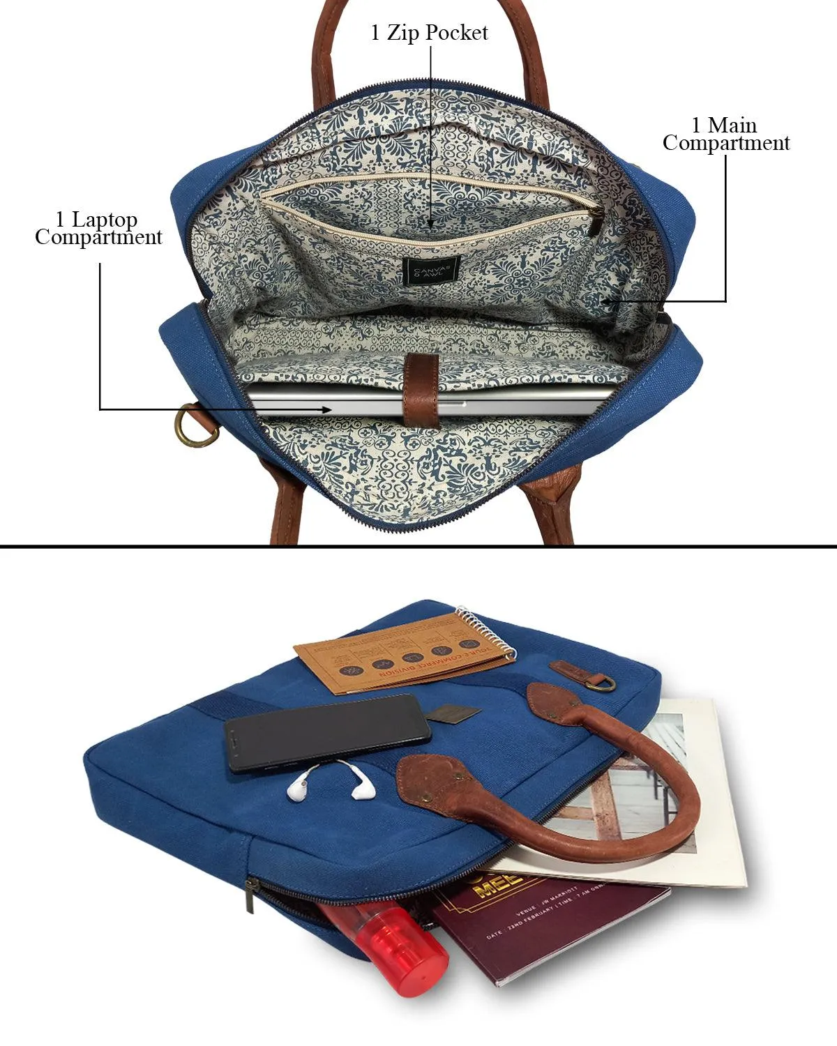 CANVAS & AWL Canvas and Genuine Leather Trim Unisex Laptop Messenger Bag, Travel Crossbody Bag (Blue)