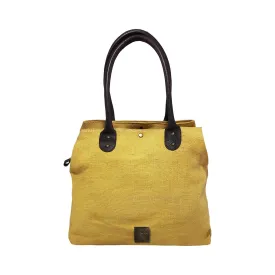 CANVAS & AWL Washed Jute with Leather Handles Women's Handbag Medium Size Ladies Shoulder Bag (Yellow)