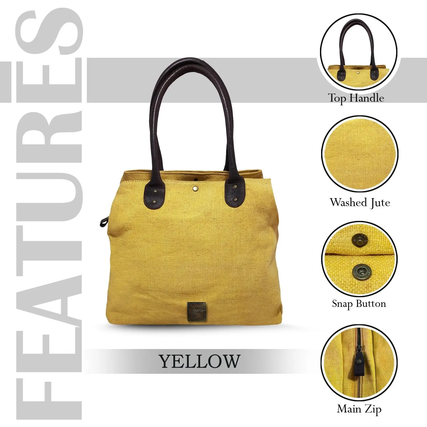 CANVAS & AWL Washed Jute with Leather Handles Women's Handbag Medium Size Ladies Shoulder Bag (Yellow)