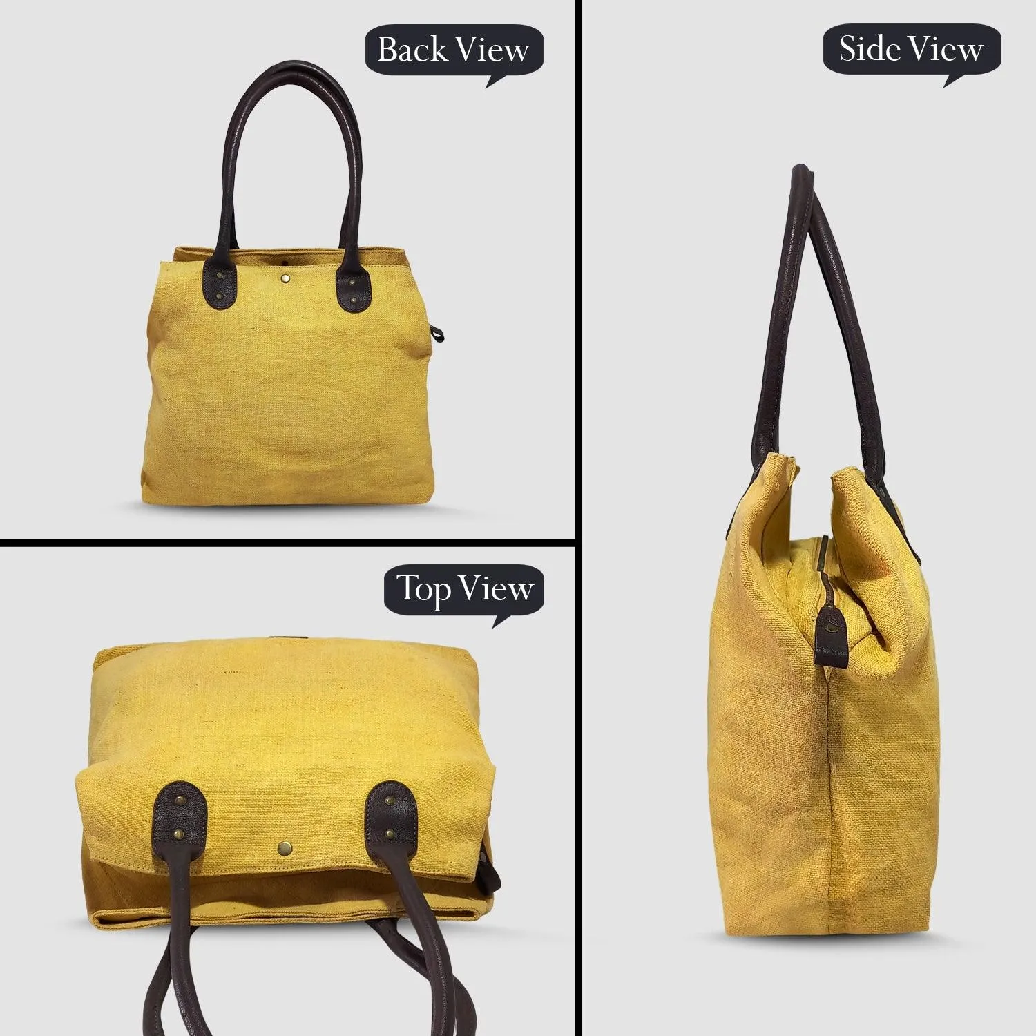 CANVAS & AWL Washed Jute with Leather Handles Women's Handbag Medium Size Ladies Shoulder Bag (Yellow)