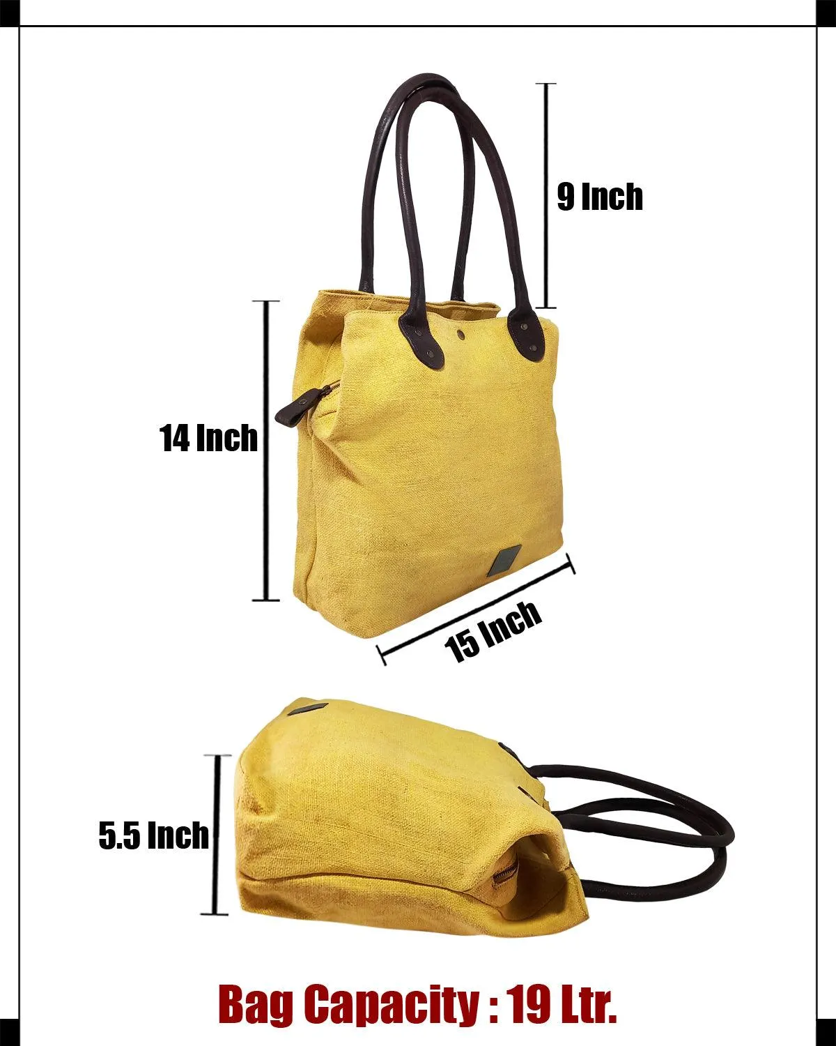 CANVAS & AWL Washed Jute with Leather Handles Women's Handbag Medium Size Ladies Shoulder Bag (Yellow)