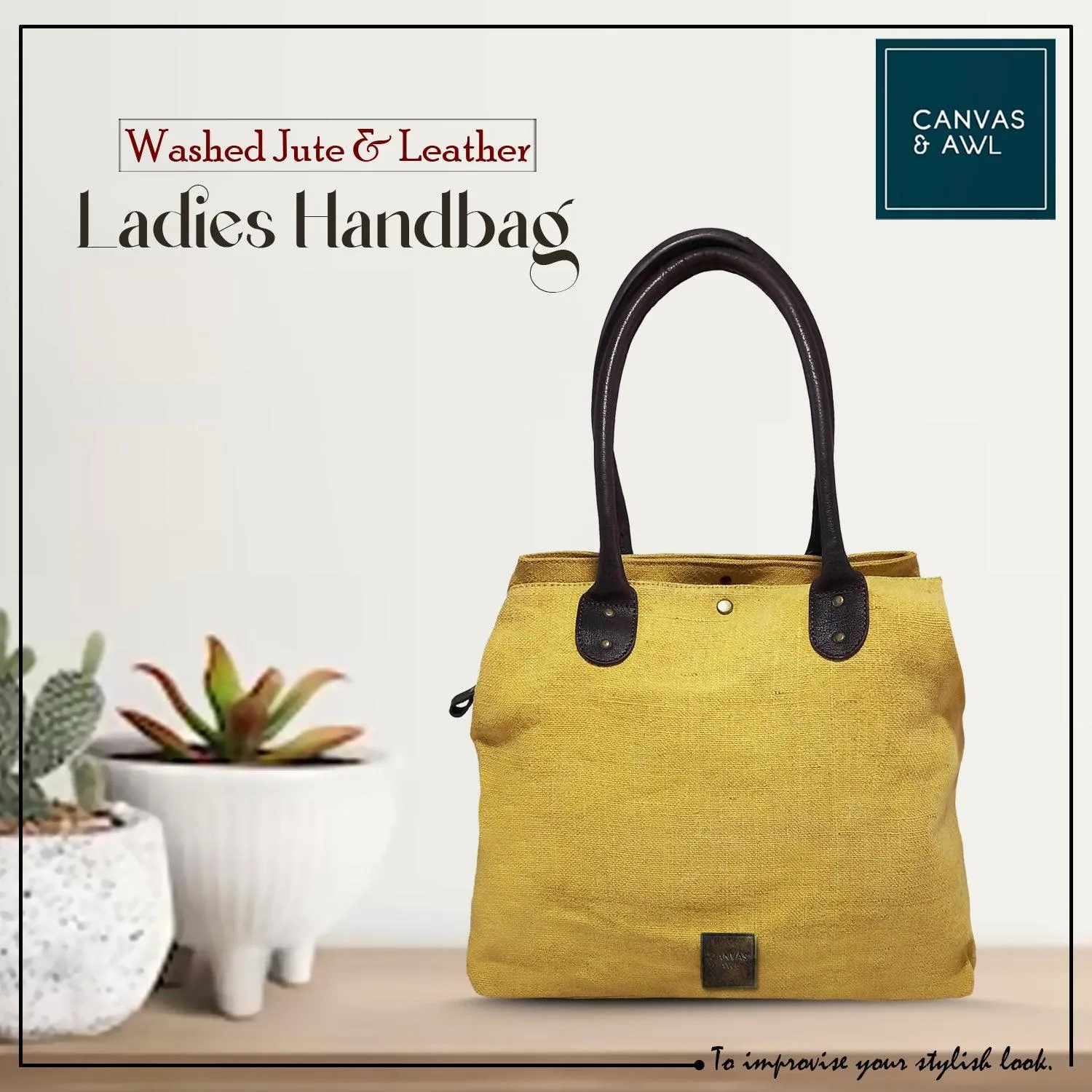 CANVAS & AWL Washed Jute with Leather Handles Women's Handbag Medium Size Ladies Shoulder Bag (Yellow)