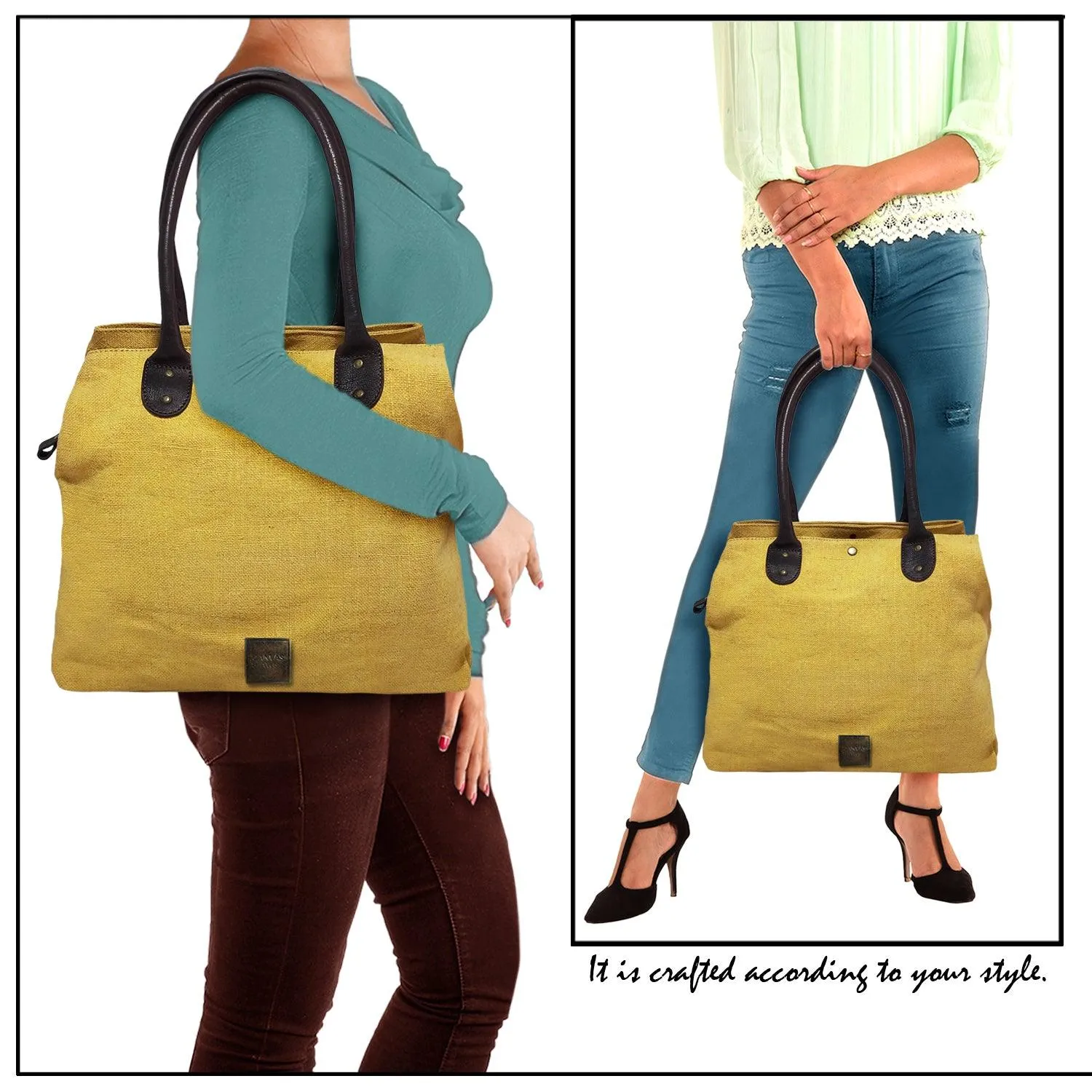 CANVAS & AWL Washed Jute with Leather Handles Women's Handbag Medium Size Ladies Shoulder Bag (Yellow)