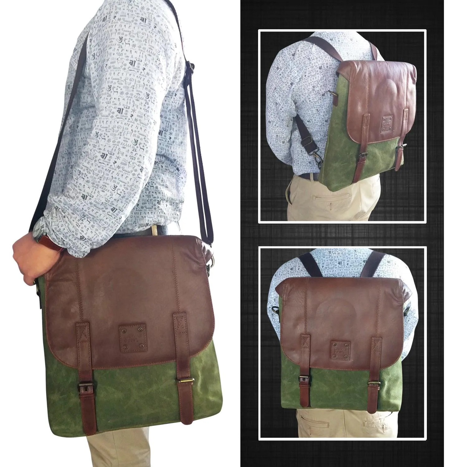 CANVAS & AWL Waxed Canvas & Genuine Leather Unisex Backpack Messenger Bag Shoulder & Crossbody Bag With Back Handle (Green)