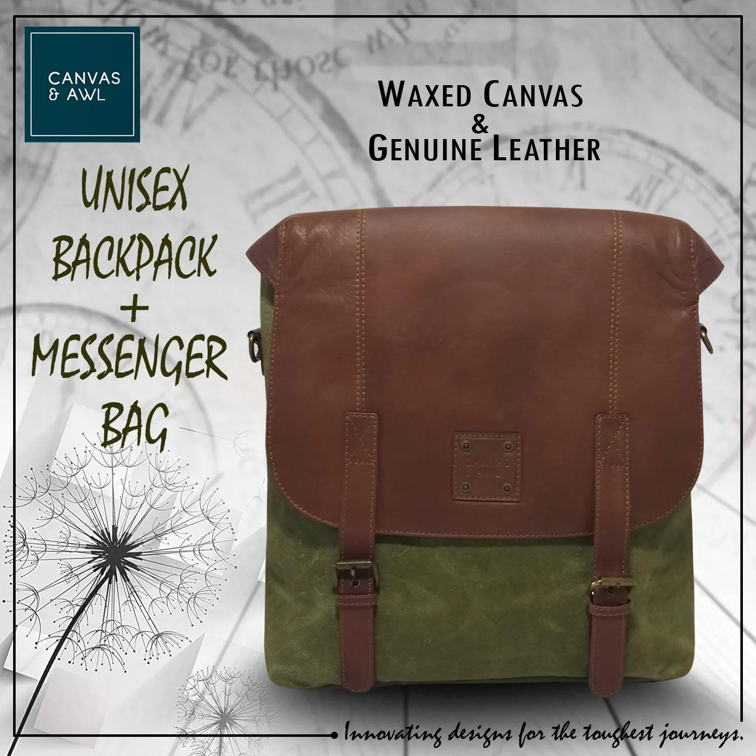 CANVAS & AWL Waxed Canvas & Genuine Leather Unisex Backpack Messenger Bag Shoulder & Crossbody Bag With Back Handle (Green)
