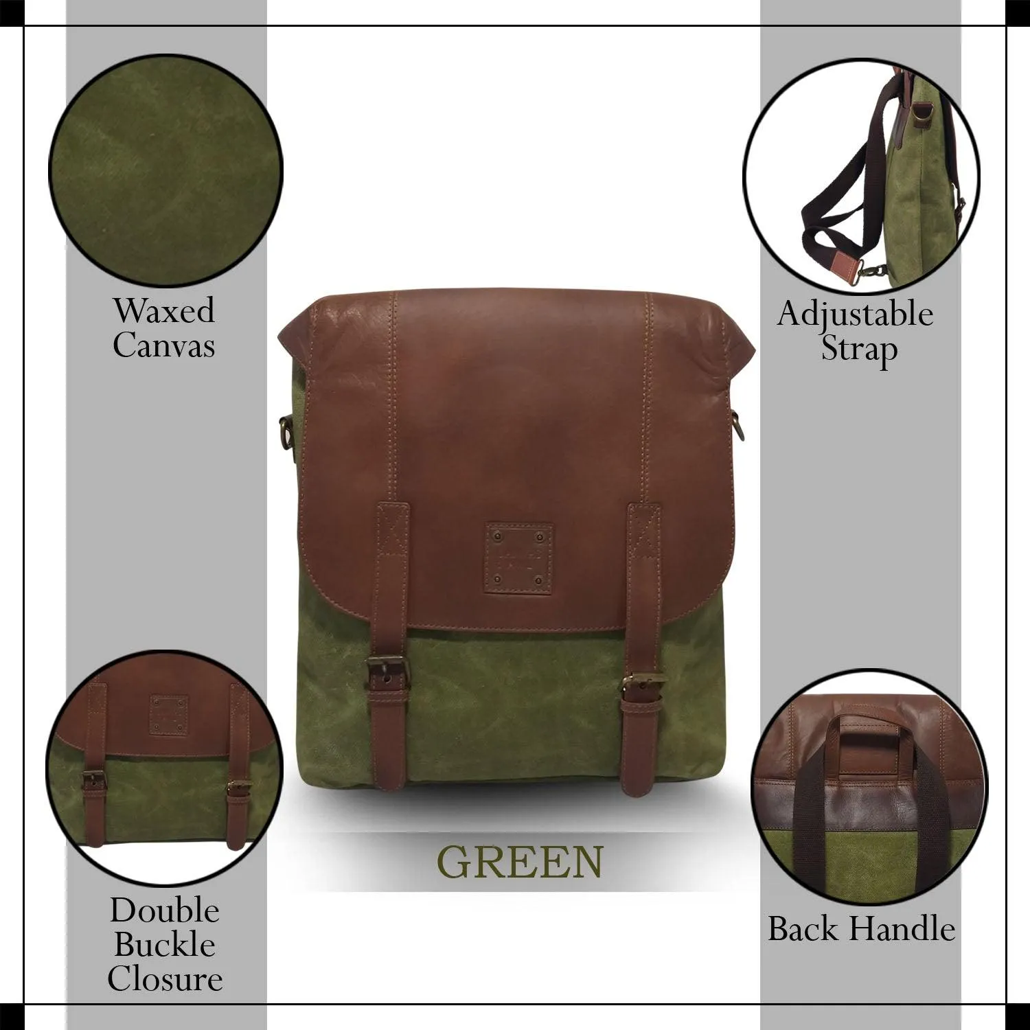 CANVAS & AWL Waxed Canvas & Genuine Leather Unisex Backpack Messenger Bag Shoulder & Crossbody Bag With Back Handle (Green)