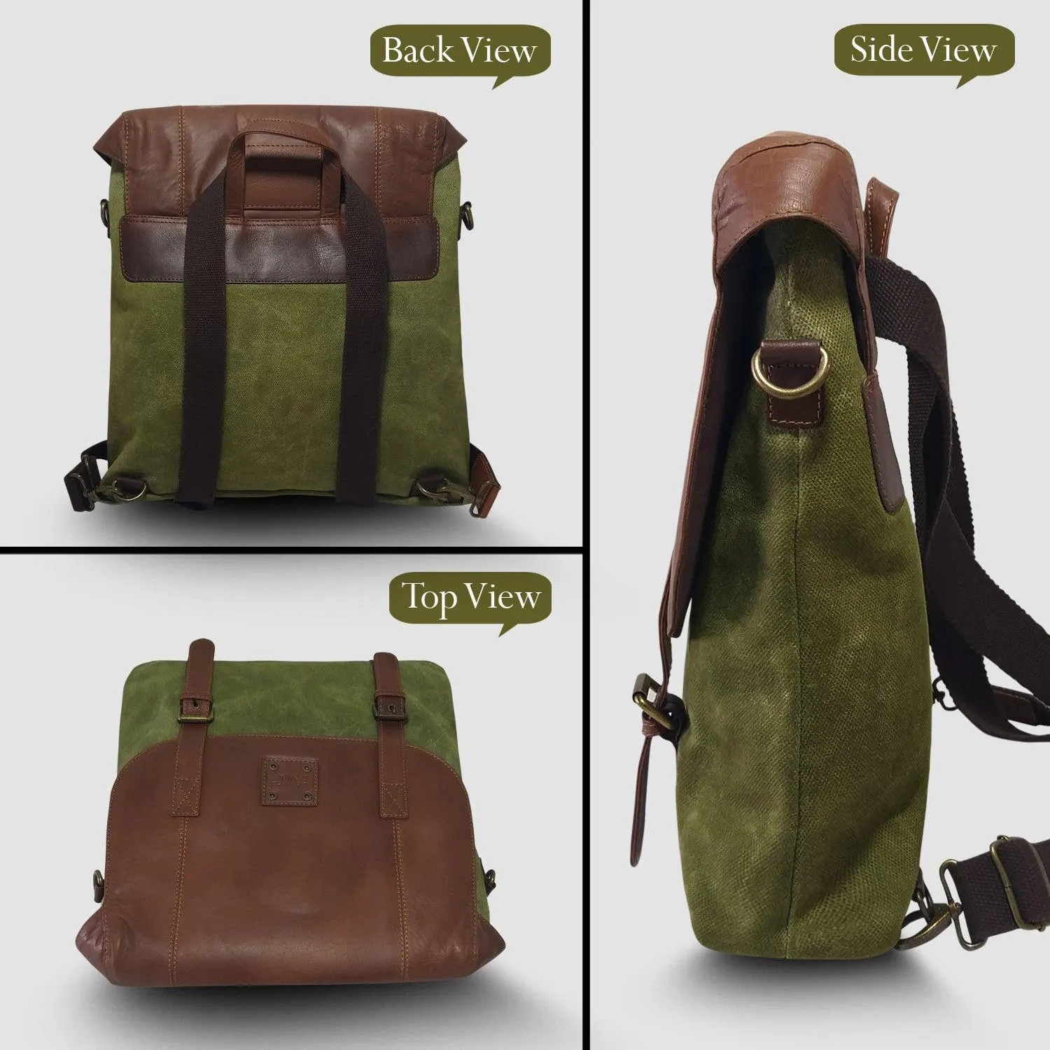 CANVAS & AWL Waxed Canvas & Genuine Leather Unisex Backpack Messenger Bag Shoulder & Crossbody Bag With Back Handle (Green)