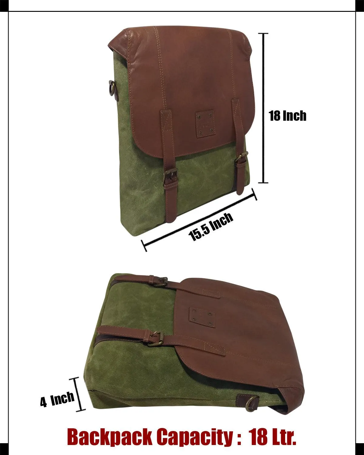 CANVAS & AWL Waxed Canvas & Genuine Leather Unisex Backpack Messenger Bag Shoulder & Crossbody Bag With Back Handle (Green)