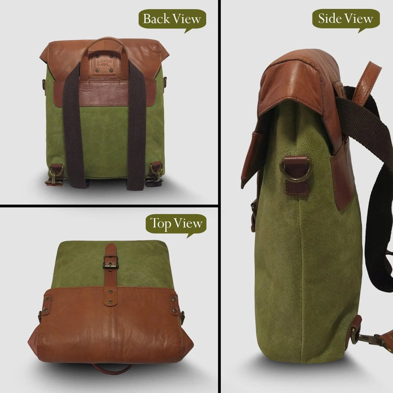 CANVAS & AWL Waxed Canvas & Genuine Leather Unisex Backpack Messenger Bag Shoulder & Crossbody Bag With Backside Handle (Green)