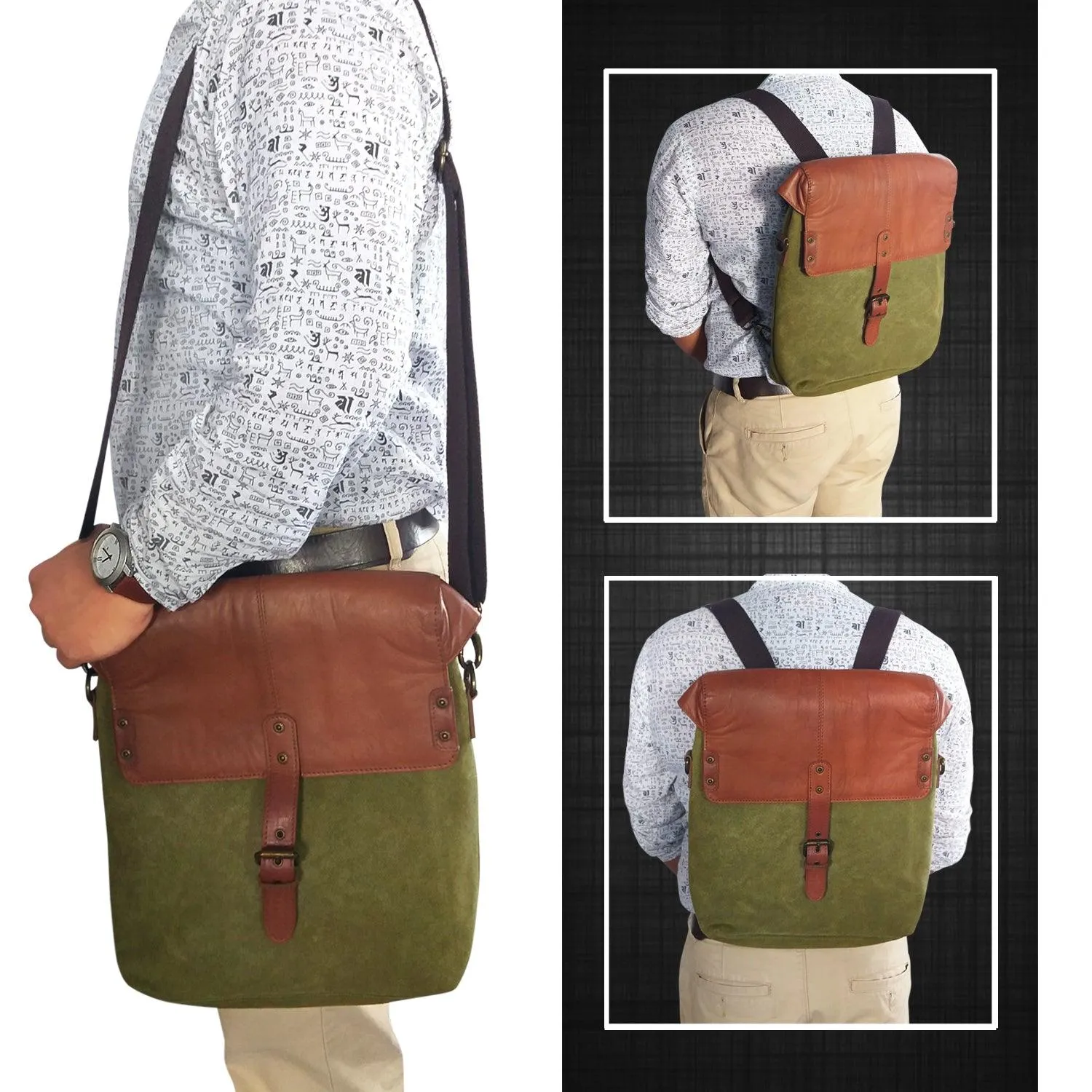 CANVAS & AWL Waxed Canvas & Genuine Leather Unisex Backpack Messenger Bag Shoulder & Crossbody Bag With Backside Handle (Green)