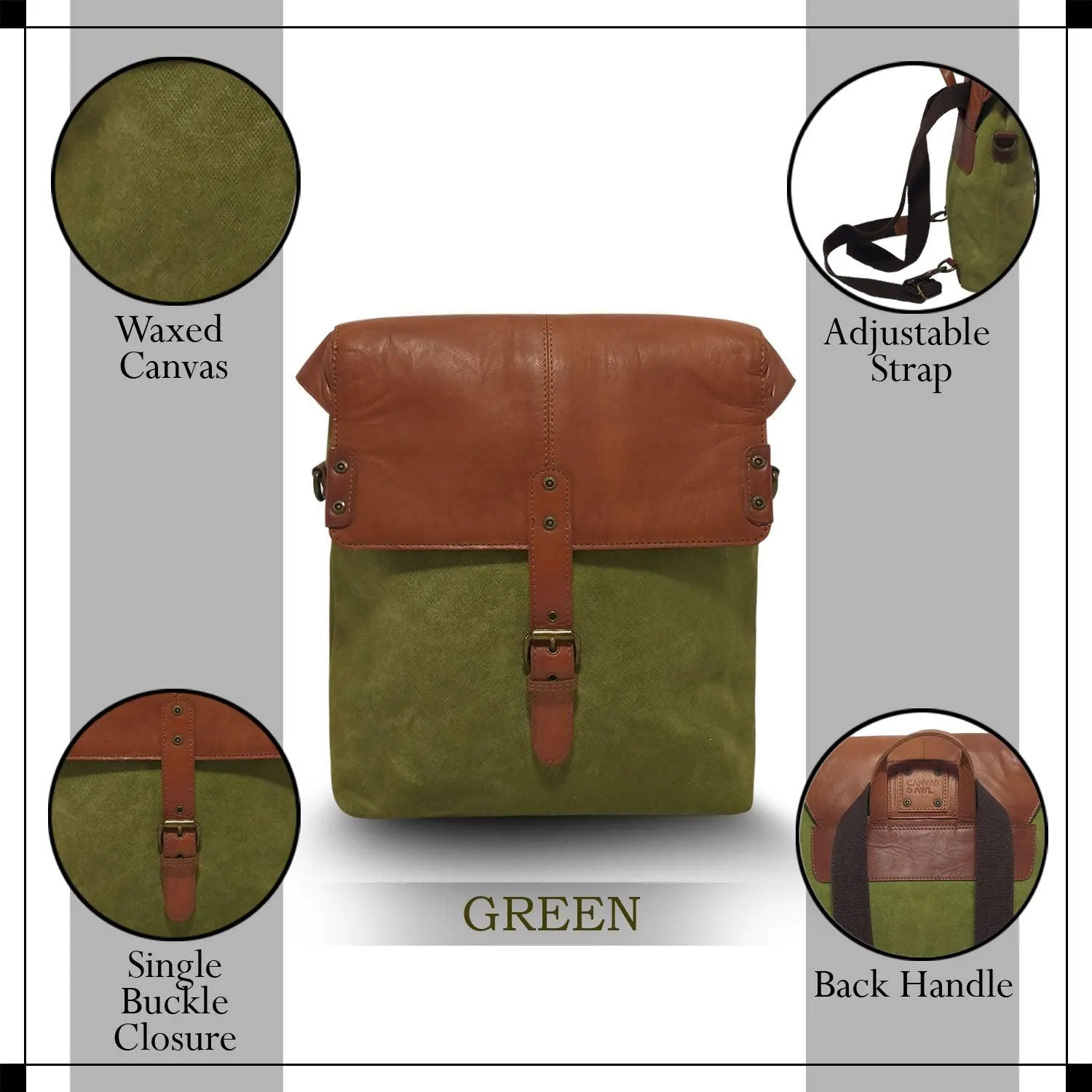 CANVAS & AWL Waxed Canvas & Genuine Leather Unisex Backpack Messenger Bag Shoulder & Crossbody Bag With Backside Handle (Green)
