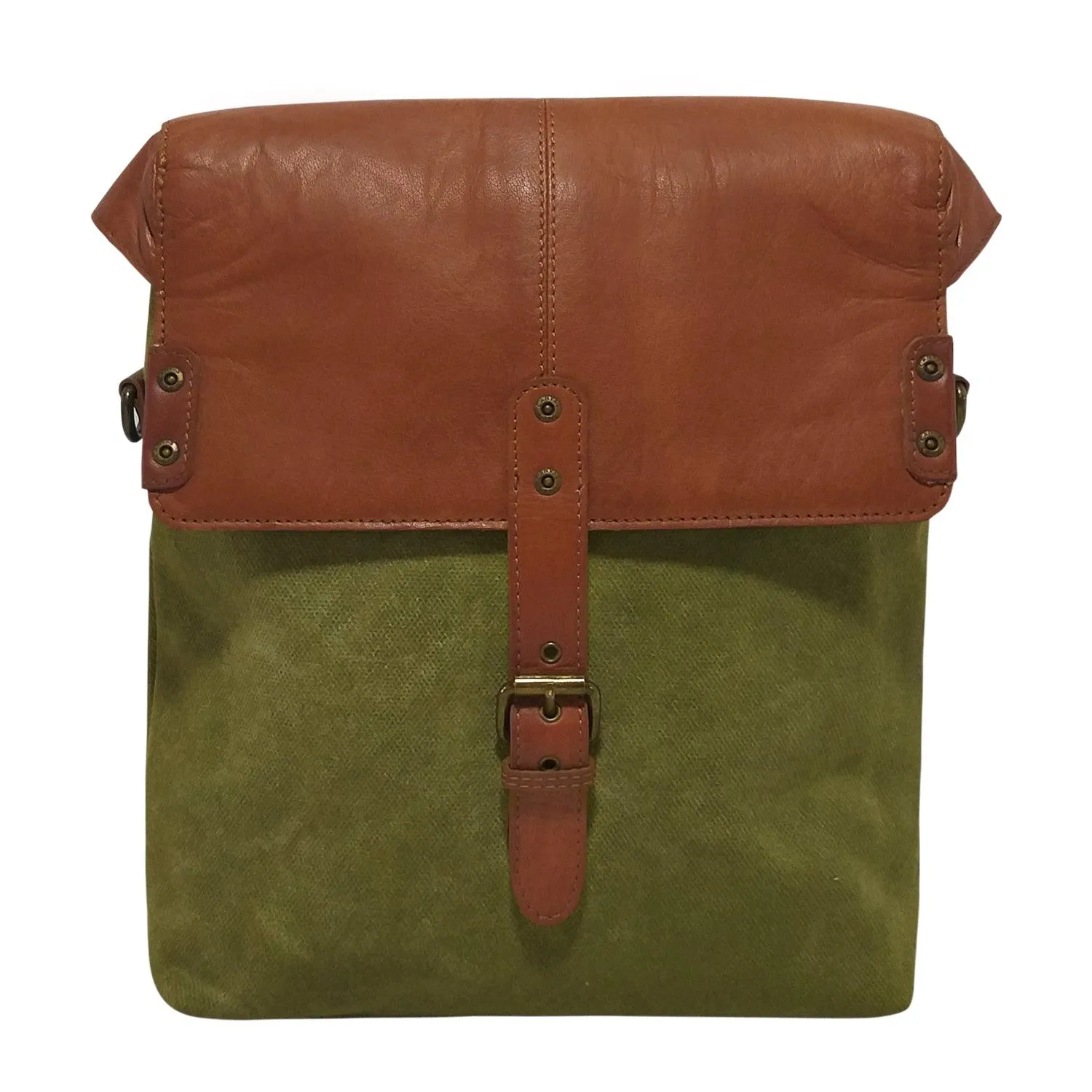 CANVAS & AWL Waxed Canvas & Genuine Leather Unisex Backpack Messenger Bag Shoulder & Crossbody Bag With Backside Handle (Green)