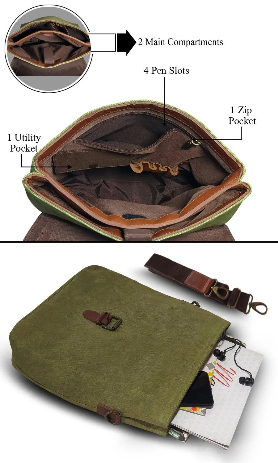 CANVAS & AWL Waxed Canvas & Genuine Leather Unisex Backpack Messenger Bag Shoulder & Crossbody Bag With Backside Handle (Green)