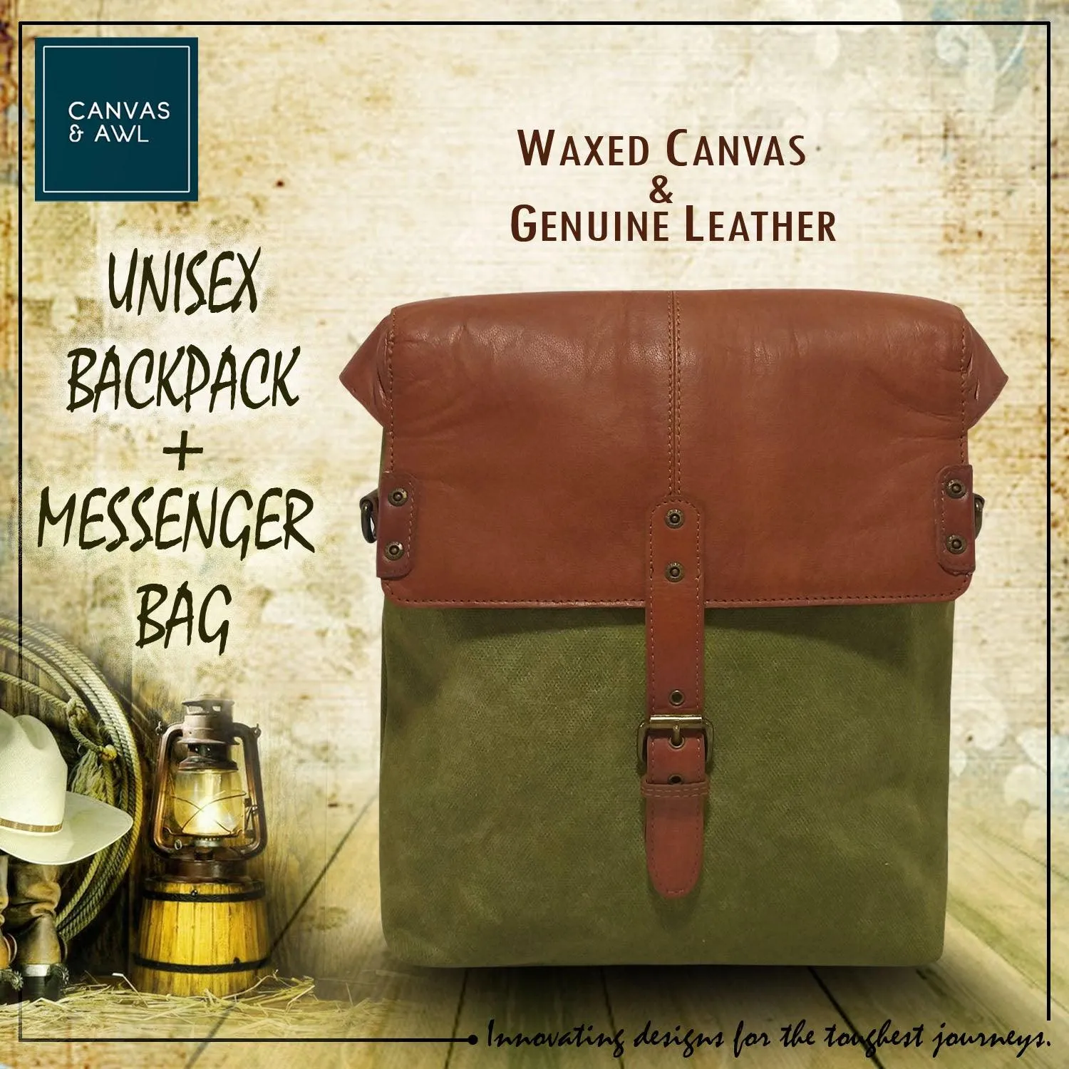 CANVAS & AWL Waxed Canvas & Genuine Leather Unisex Backpack Messenger Bag Shoulder & Crossbody Bag With Backside Handle (Green)