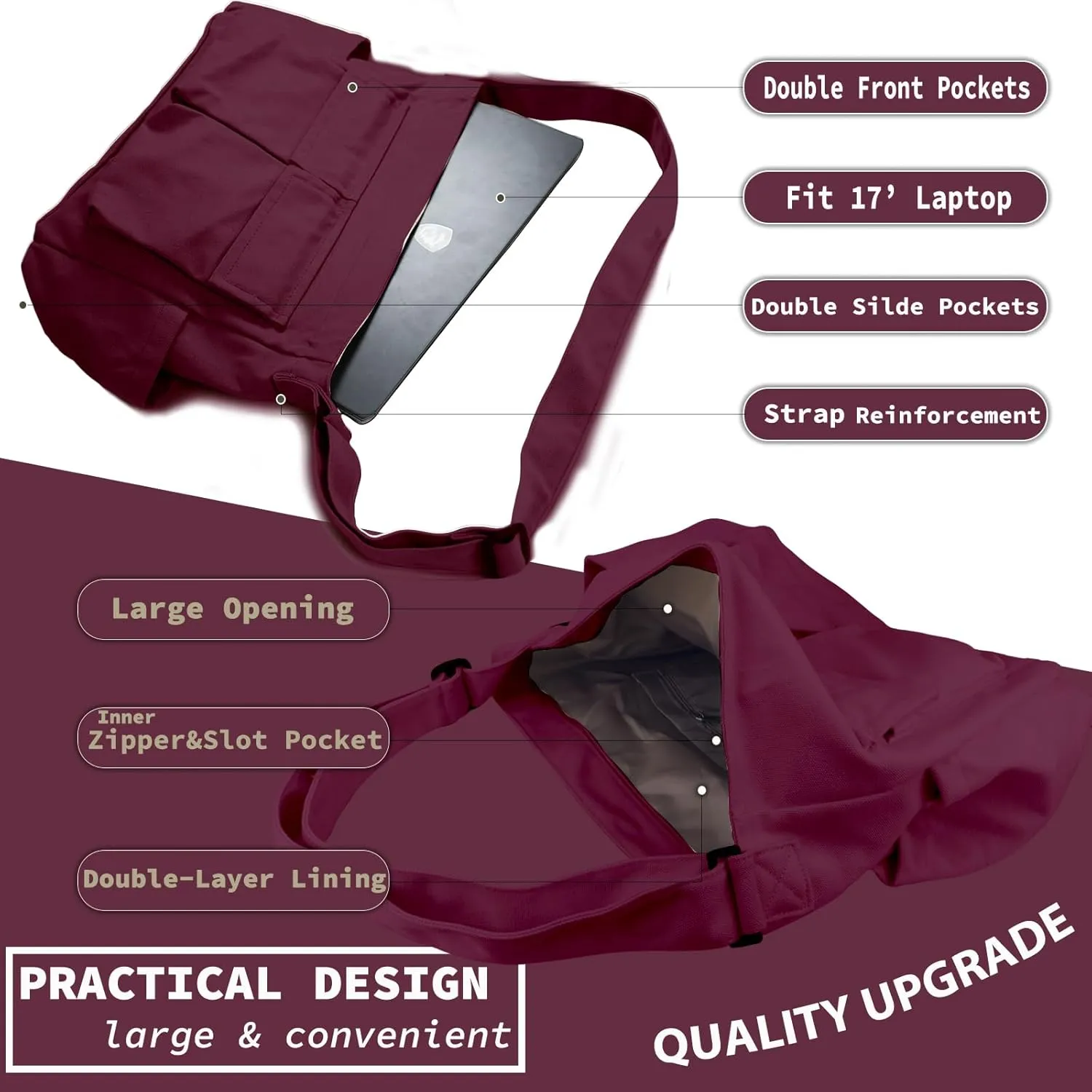 Canvas Messenger Bag Large Hobo Crossbody Bag with Multiple Pockets Casual Shoulder Tote Bag for Women and Men