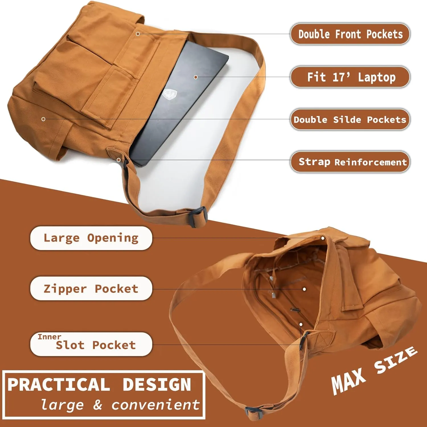 Canvas Messenger Bag Large Hobo Crossbody Bag with Multiple Pockets Casual Shoulder Tote Bag for Women and Men