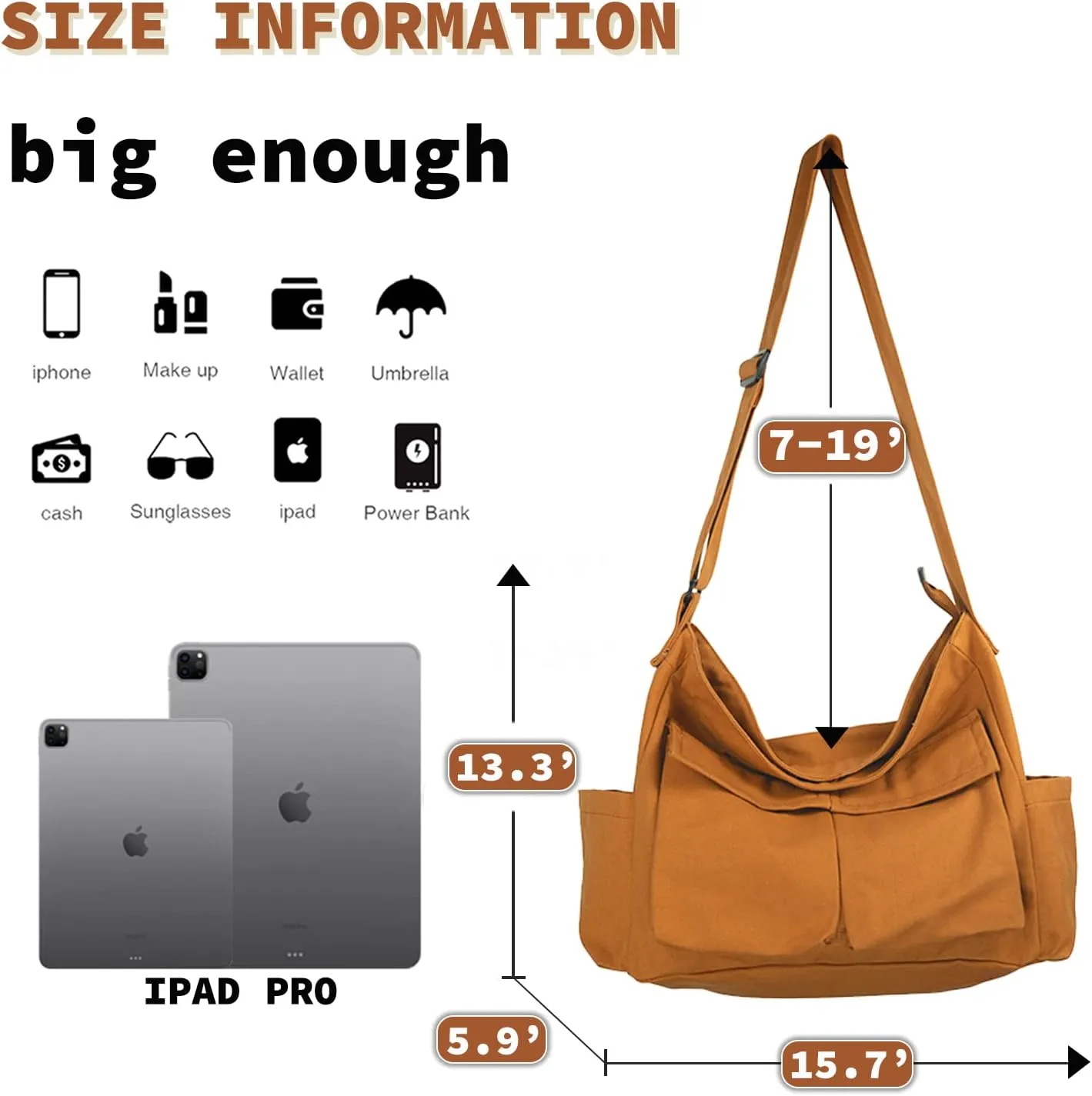 Canvas Messenger Bag Large Hobo Crossbody Bag with Multiple Pockets Casual Shoulder Tote Bag for Women and Men