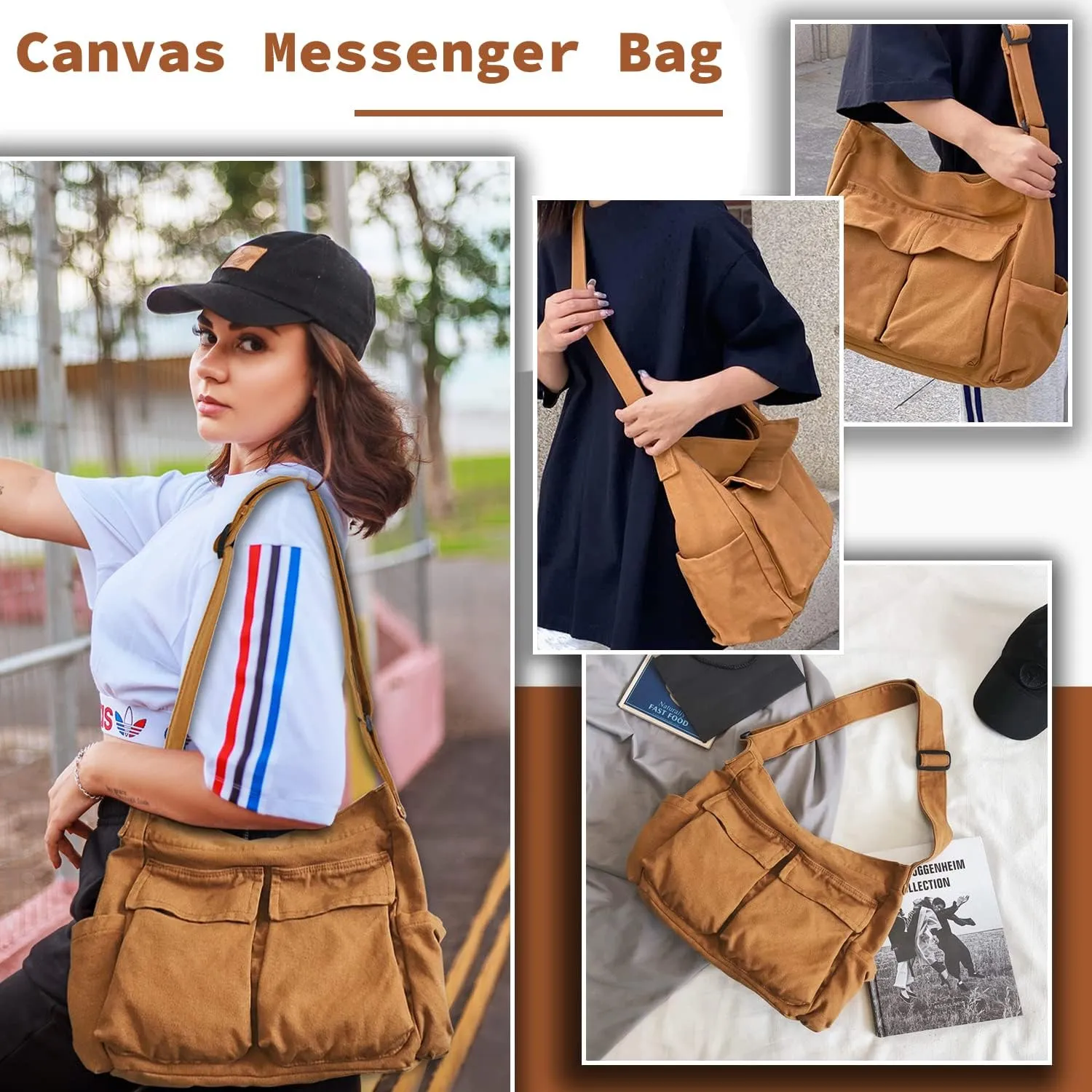 Canvas Messenger Bag Large Hobo Crossbody Bag with Multiple Pockets Casual Shoulder Tote Bag for Women and Men