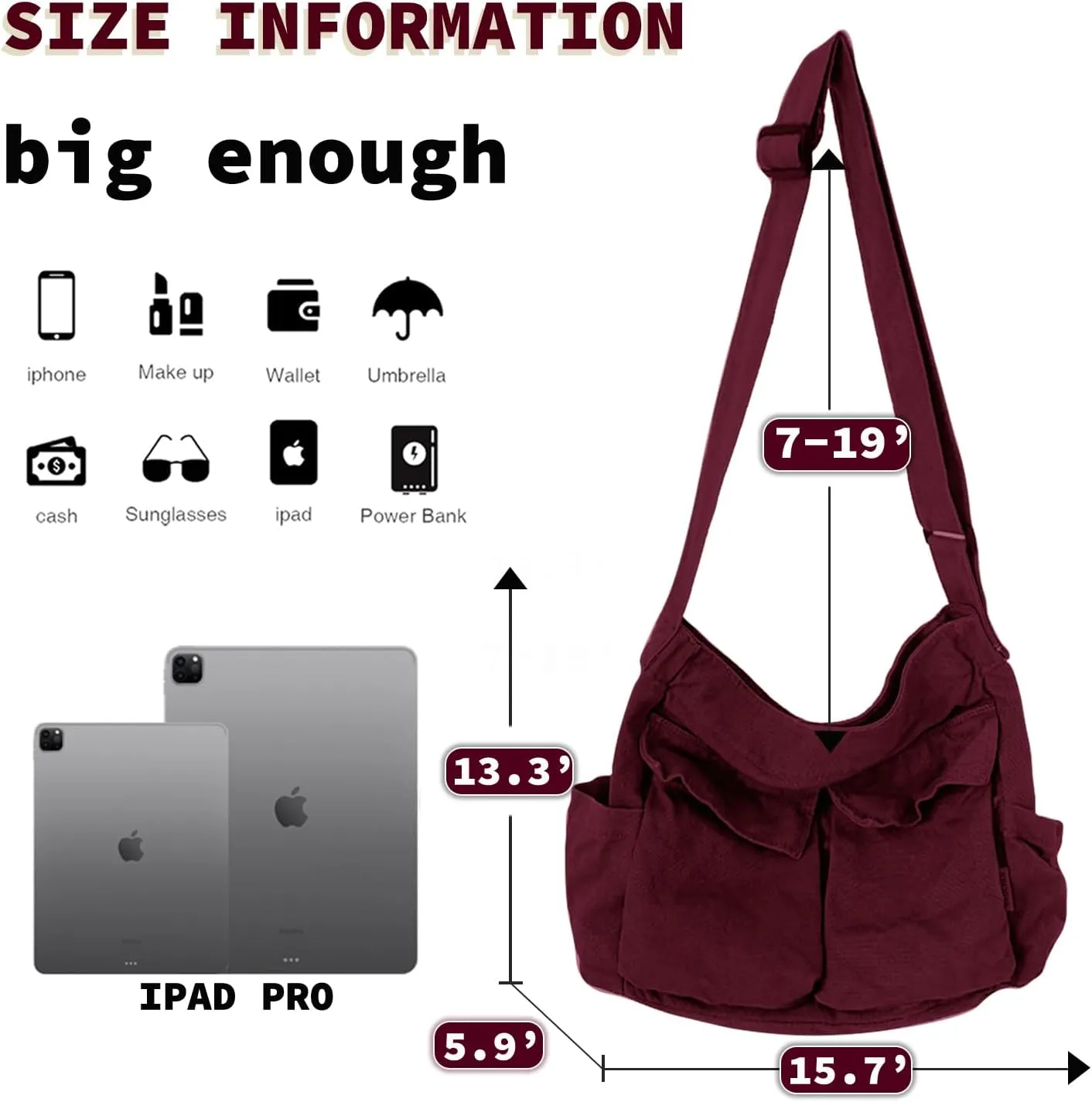 Canvas Messenger Bag Large Hobo Crossbody Bag with Multiple Pockets Casual Shoulder Tote Bag for Women and Men