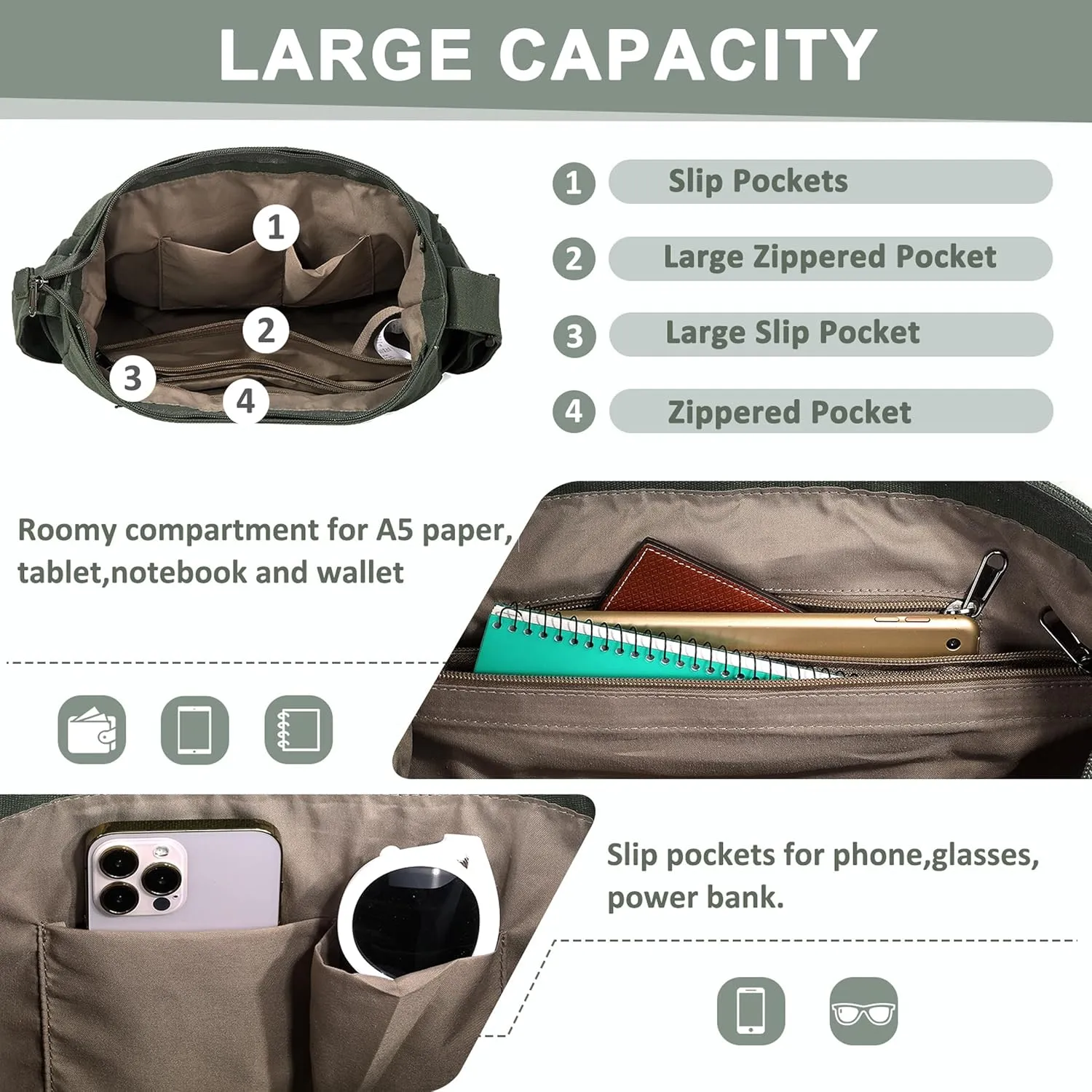 Canvas Messenger Bag,Lightweight Large Casual Crossbody Shoulder Hobo Bag for Women Men Work/Travel/College