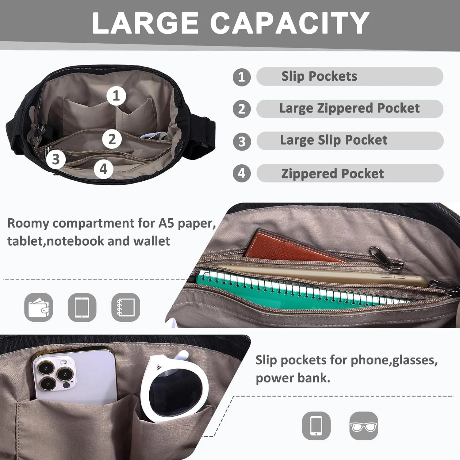 Canvas Messenger Bag,Lightweight Large Casual Crossbody Shoulder Hobo Bag for Women Men Work/Travel/College