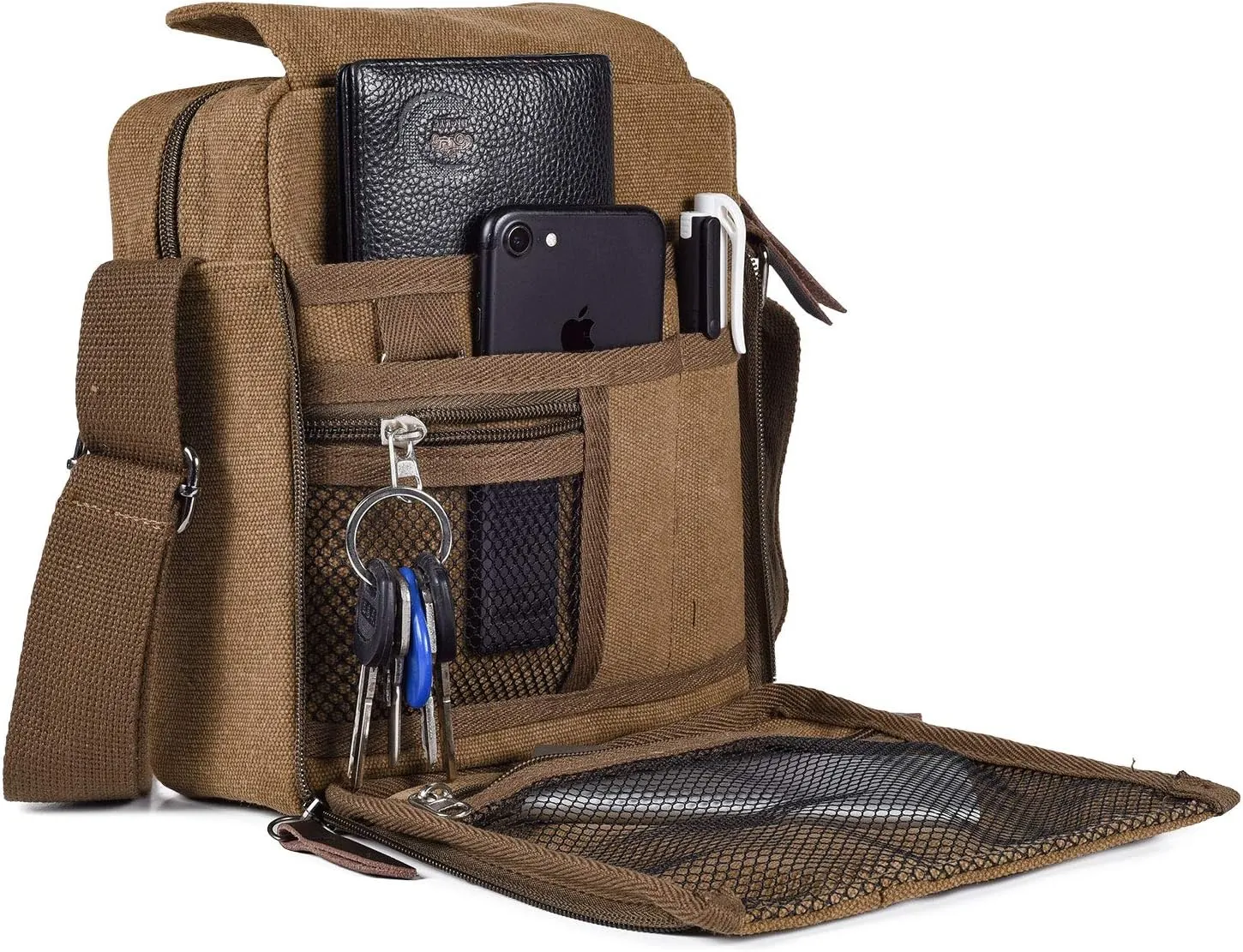 Canvas Small Messenger for Men Women, Mini Crossbody Shoulder Chest Travel Bag, Multi-pocket Purse