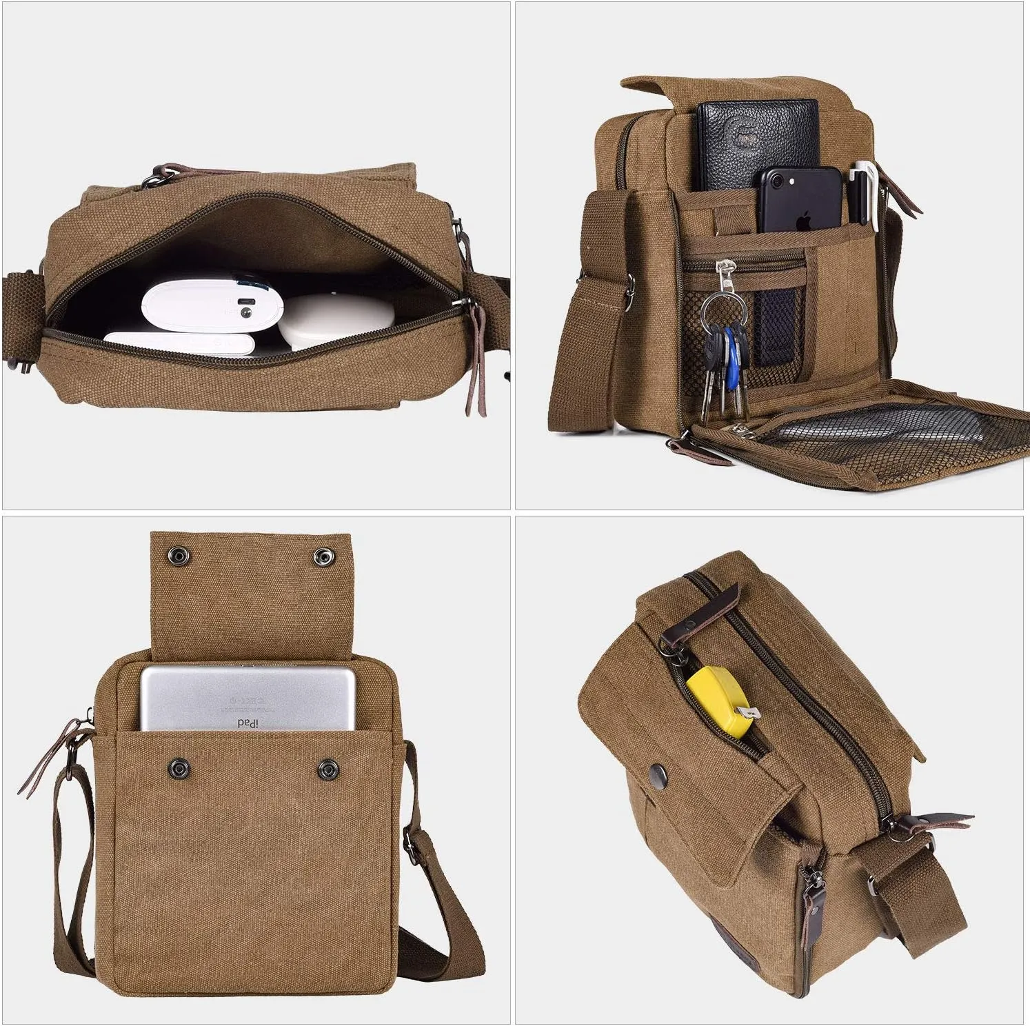 Canvas Small Messenger for Men Women, Mini Crossbody Shoulder Chest Travel Bag, Multi-pocket Purse