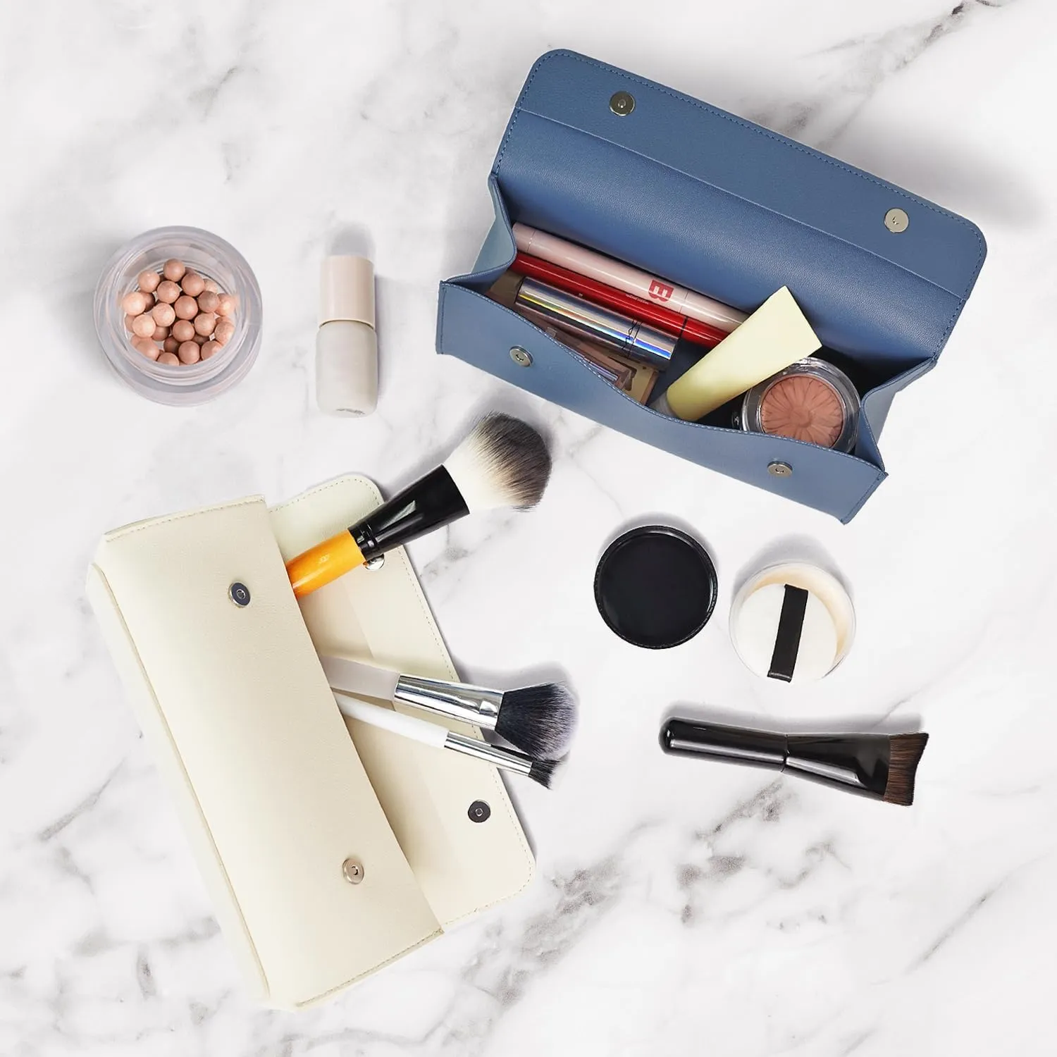 carrotez Stylish PU Leather Makeup Bag: Versatile Travel Toiletry Bag & Cosmetic Pouch, Small Makeup Organizer for Purse Essentials - Ideal Makeup Brush Holder & Sunglasses Case for Women - Soft Blue