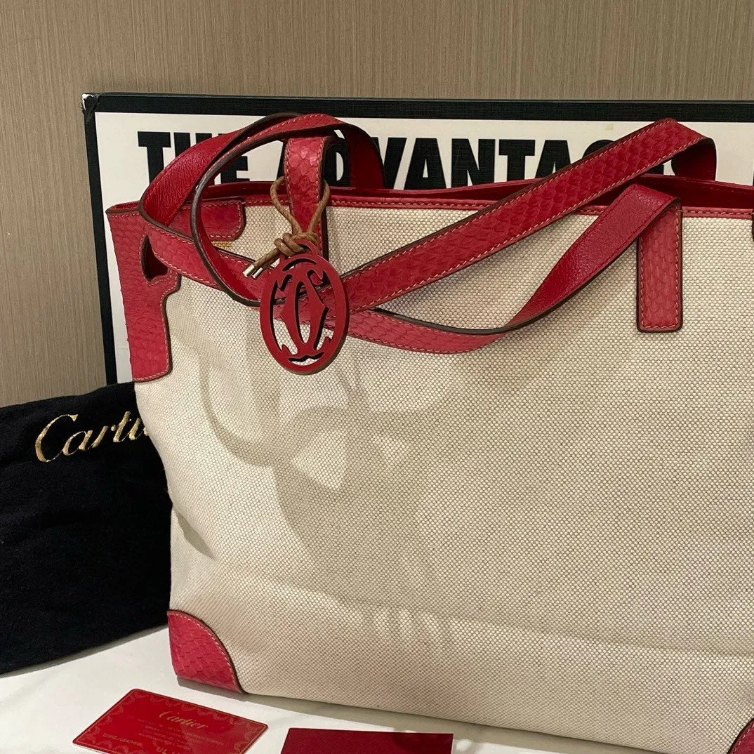 Cartier Canvas Tote Bag Beige Red Large