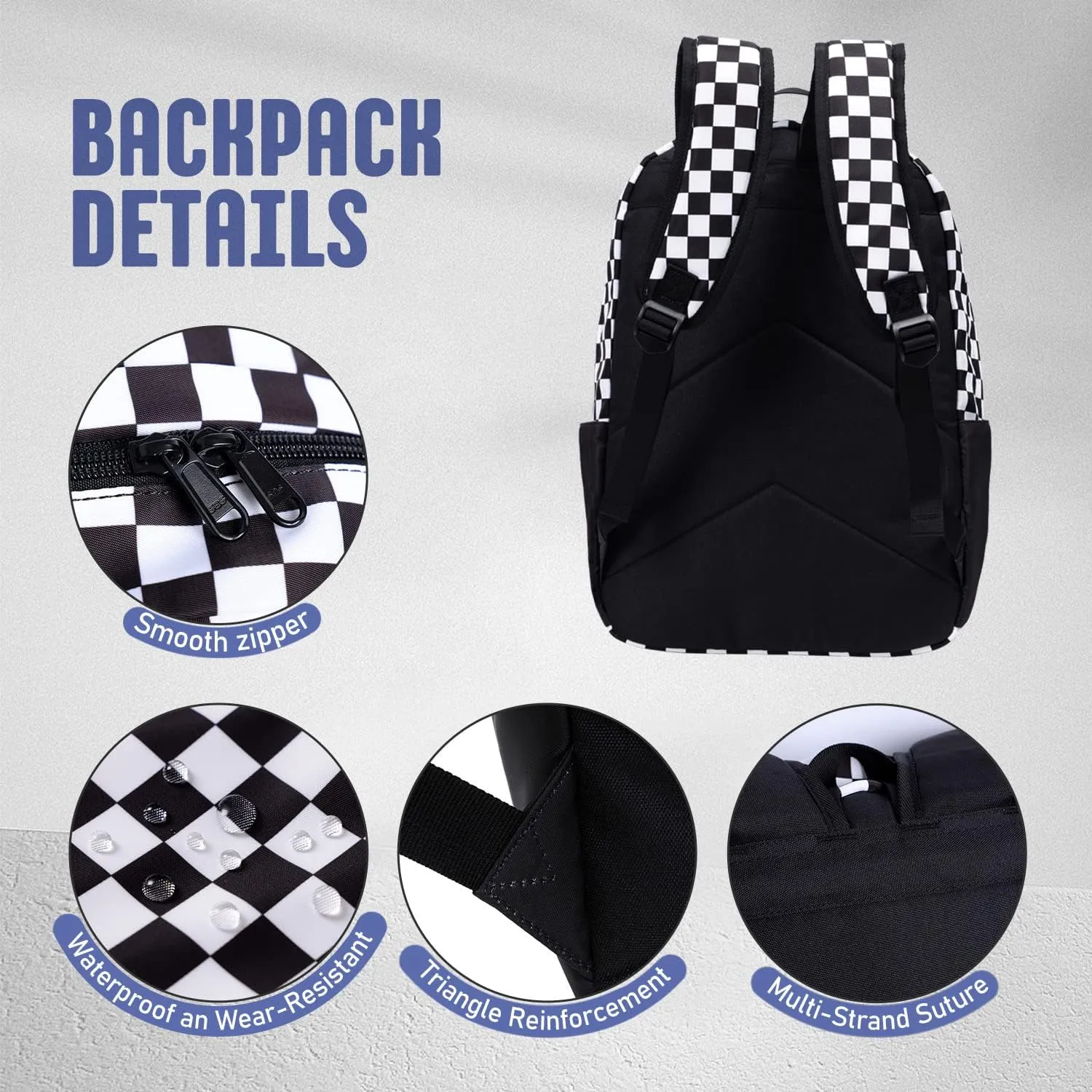 Checkered Backpack - School Backpack for Kids, Large Capacity, Waterproof, Lightweight, Black