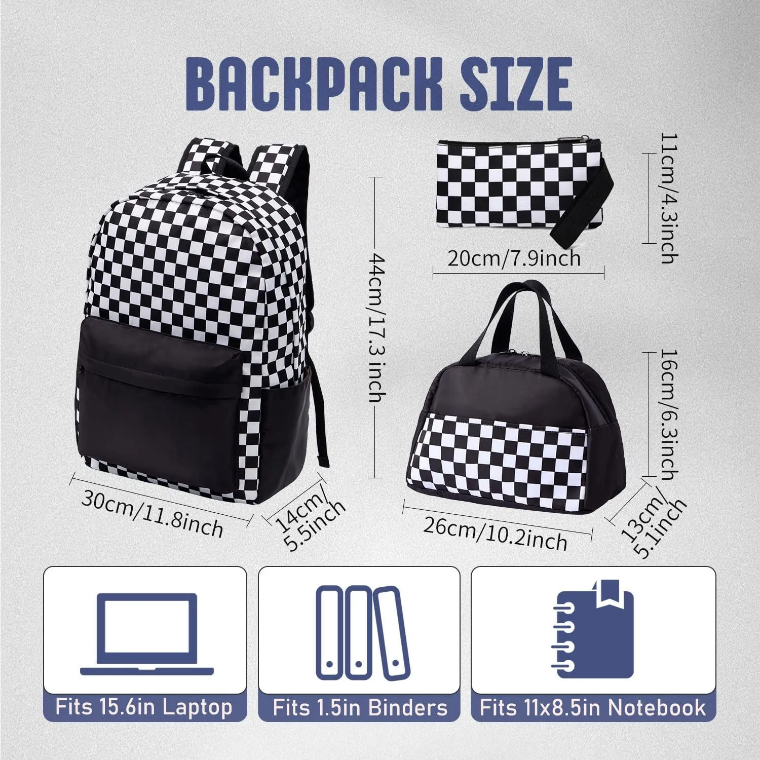 Checkered Backpack - School Backpack for Kids, Large Capacity, Waterproof, Lightweight, Black