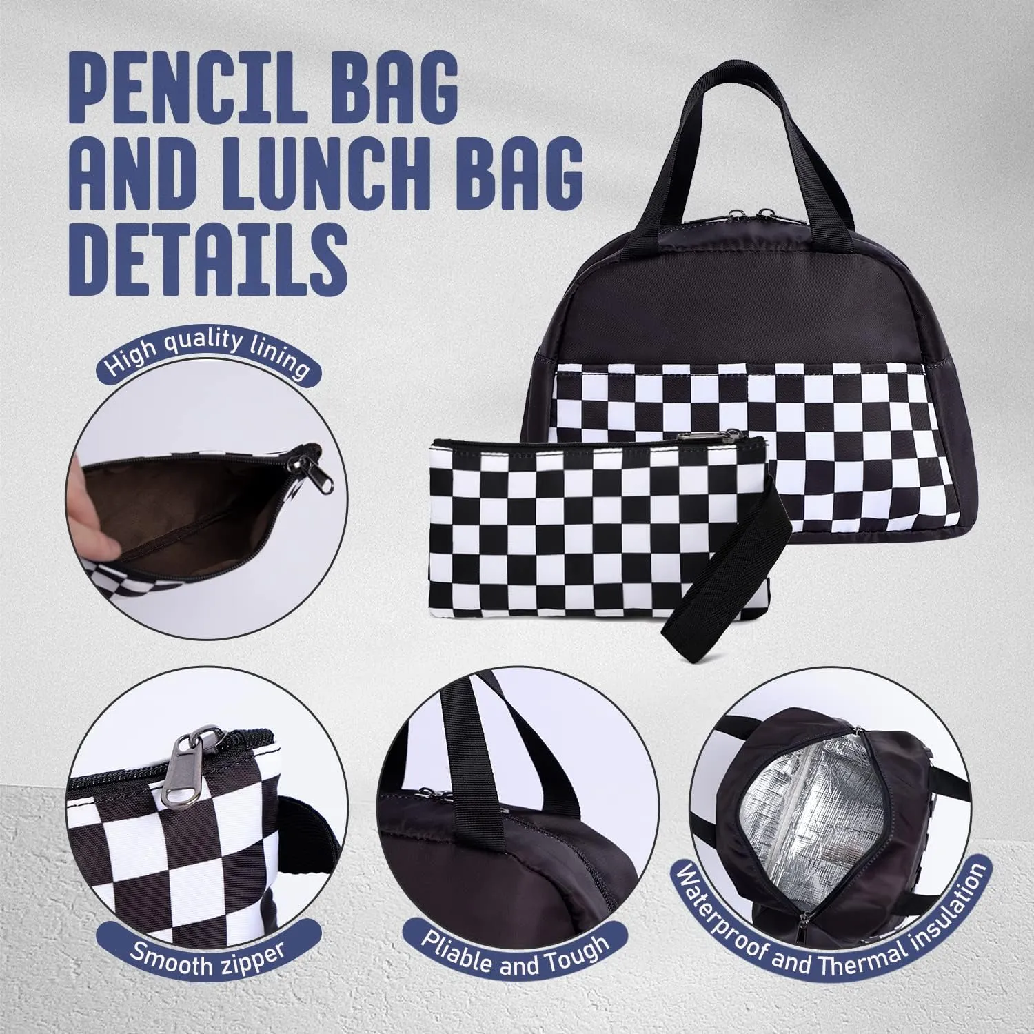 Checkered Backpack - School Backpack for Kids, Large Capacity, Waterproof, Lightweight, Black