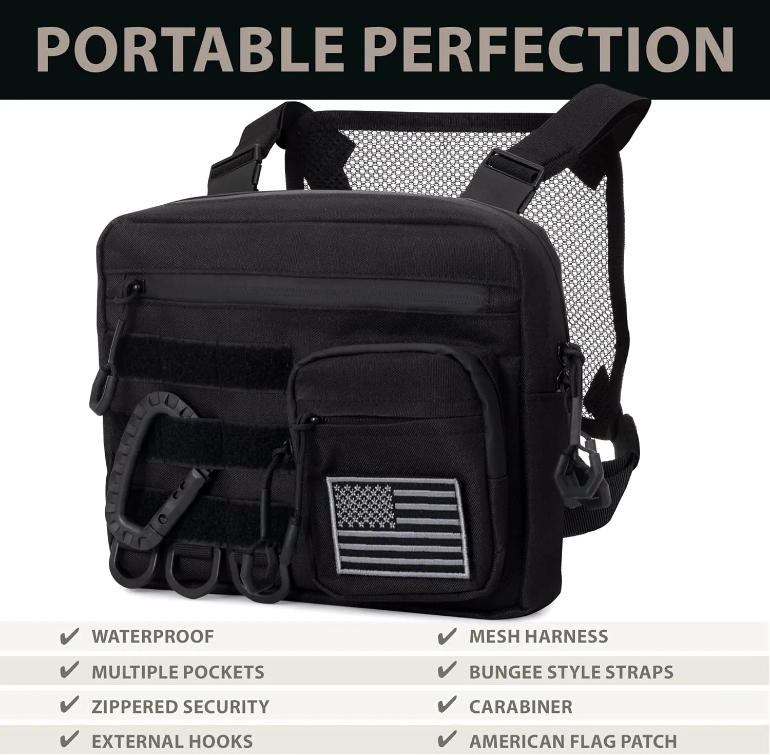 Chest Bag for Men - Men's Tactical Pack and Rig Bag - Mens Vest Pouch is Built for Running and Workouts with Phone Storage, Carabiner & Patch (Black)
