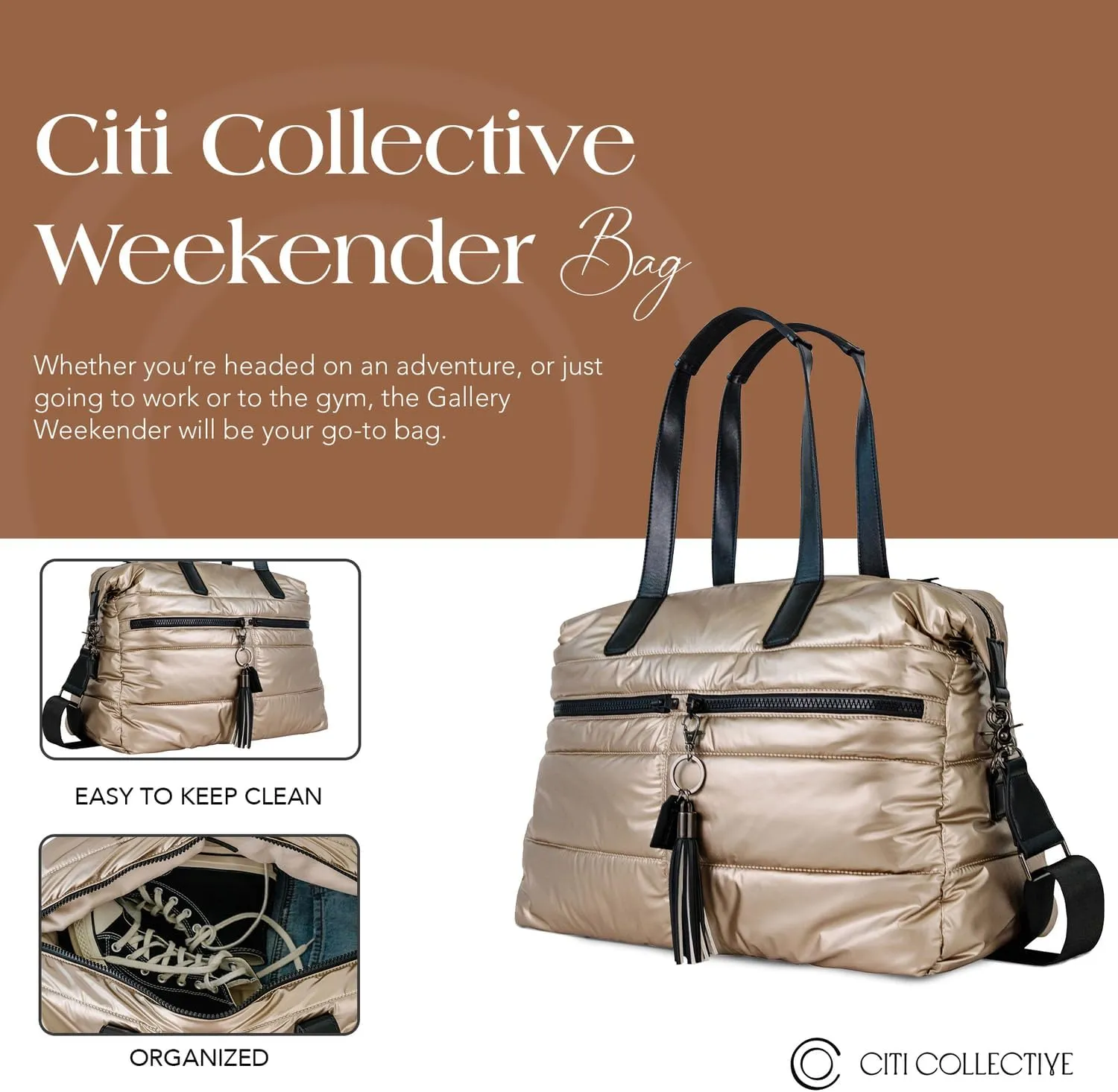 Citi Collective Gallery Weekender Bags for Women-Gold | Versatile Work Bag | Travel Bag with Adjustable Straps for women | Laptop sleeve inside comes with bonus shoe bag & more