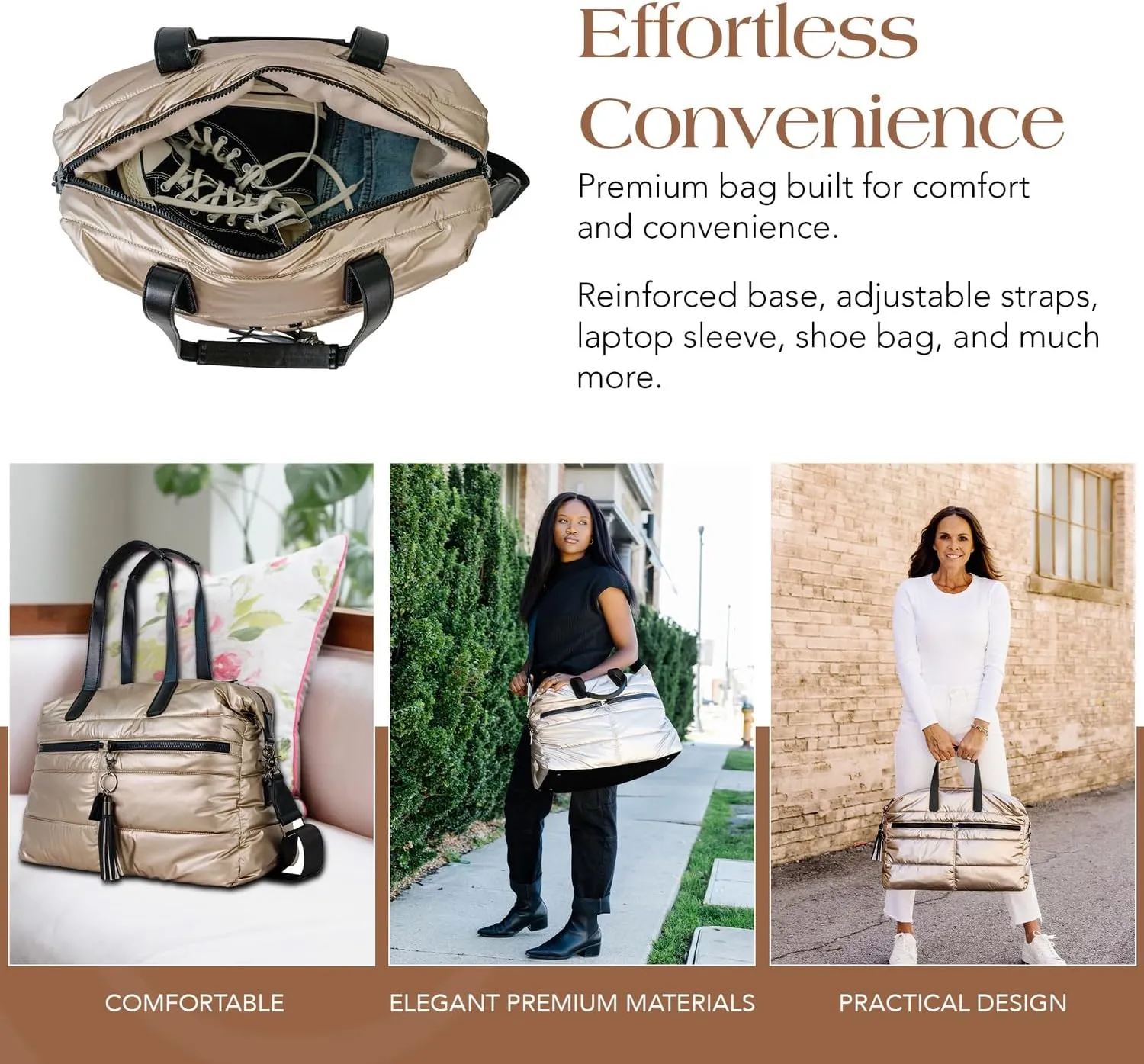 Citi Collective Gallery Weekender Bags for Women-Gold | Versatile Work Bag | Travel Bag with Adjustable Straps for women | Laptop sleeve inside comes with bonus shoe bag & more
