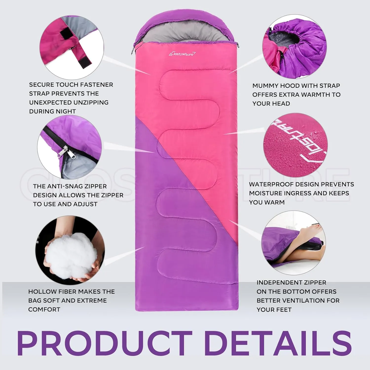 Clostnature Sleeping Bag for Adults and Kids - Lightweight Camping Sleeping Bag for Girls, Boys, Youths, Ultralight Backpacking Sleeping Bag for Cold Weather - Compression Sack Included(Right Zipper)