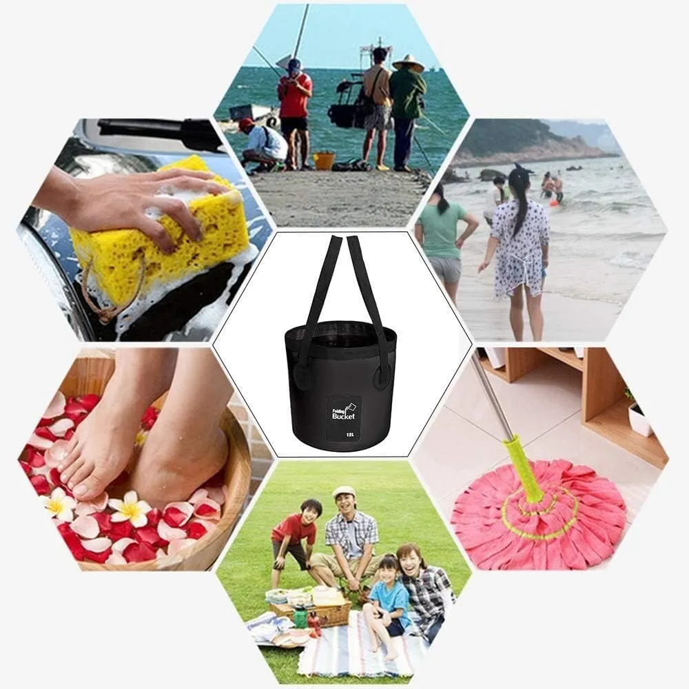 Collapsible Bucket with Handle, Multifunctional Foldable Water Container for Camping, Hiking, Traveling, Fishing, Washing, Gardening, Waterproof, Durable, Lightweight, Black
