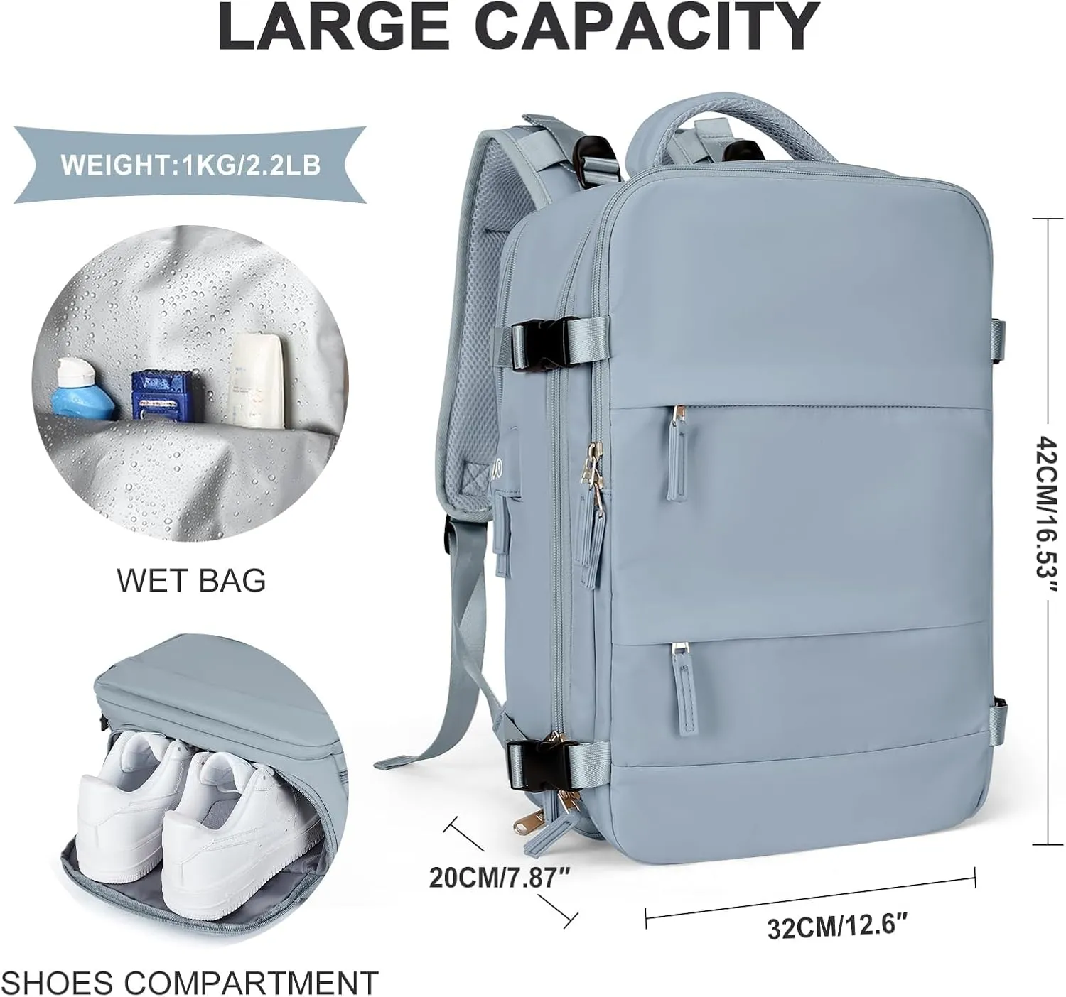 coowoz Large Travel Backpack For Women Men,Carry On Backpack,Hiking Backpack Waterproof Outdoor Sports Rucksack Casual Daypack travel essentialsGray Blue