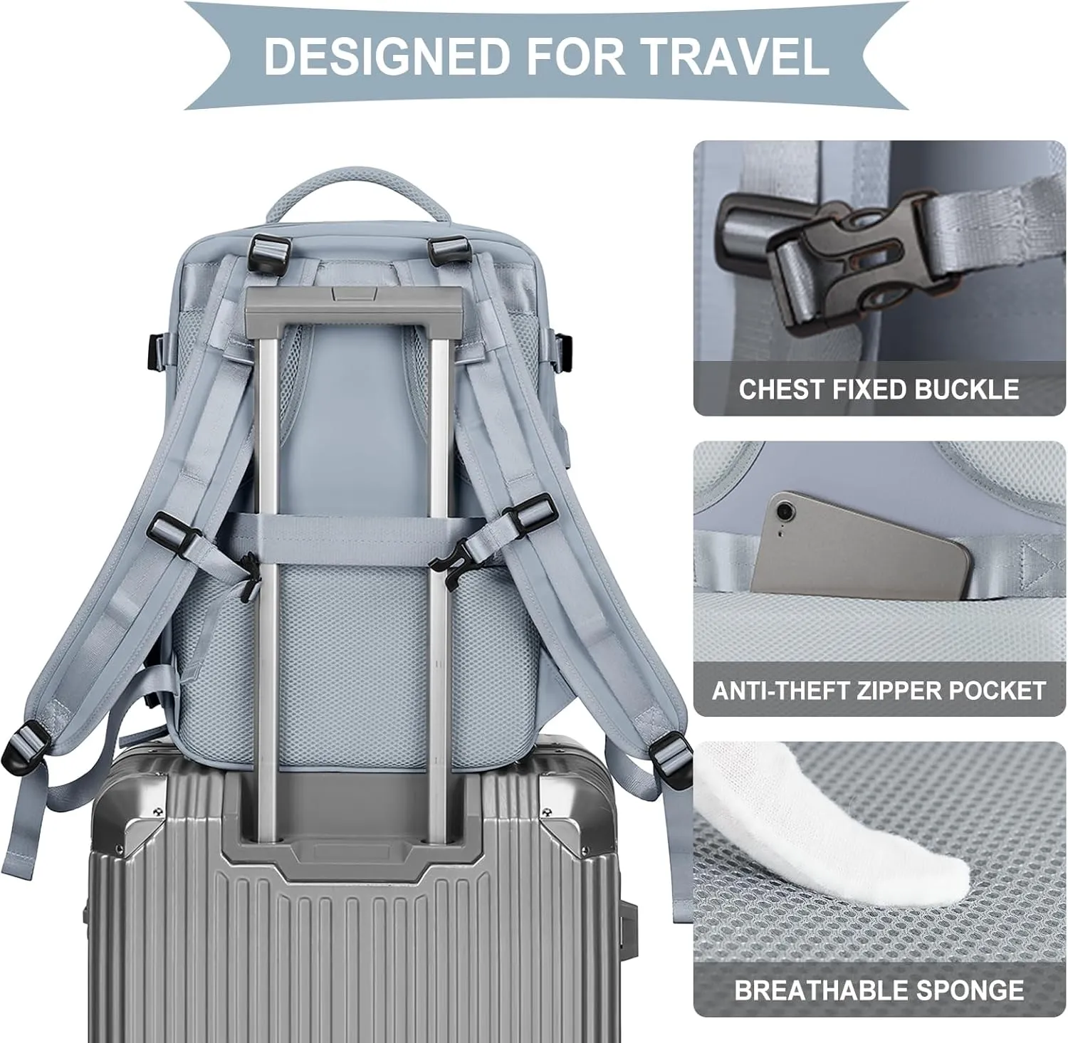 coowoz Large Travel Backpack For Women Men,Carry On Backpack,Hiking Backpack Waterproof Outdoor Sports Rucksack Casual Daypack travel essentialsGray Blue
